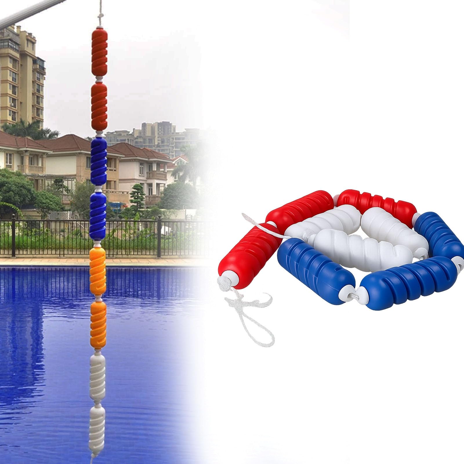 Cordes de séparation pour piscine - Lignes de nage flottantes de sécurité rouges, jaunes, bleues et blanches avec flotteurs de 20 cm et câble en acier inoxydable de 2 m pour la sécurité de l