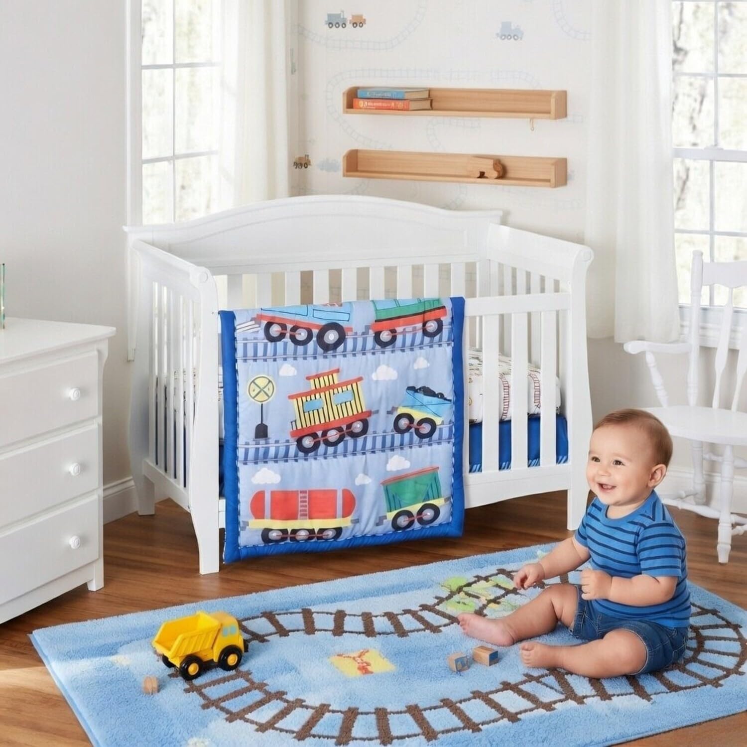 Everyday Kids Juego de cama de 3 piezas para cuna – Incluye edredón, sábana bajera y volantes de polvo – Juego de ropa de cama para cuna de bebé, Choo Choo Tren