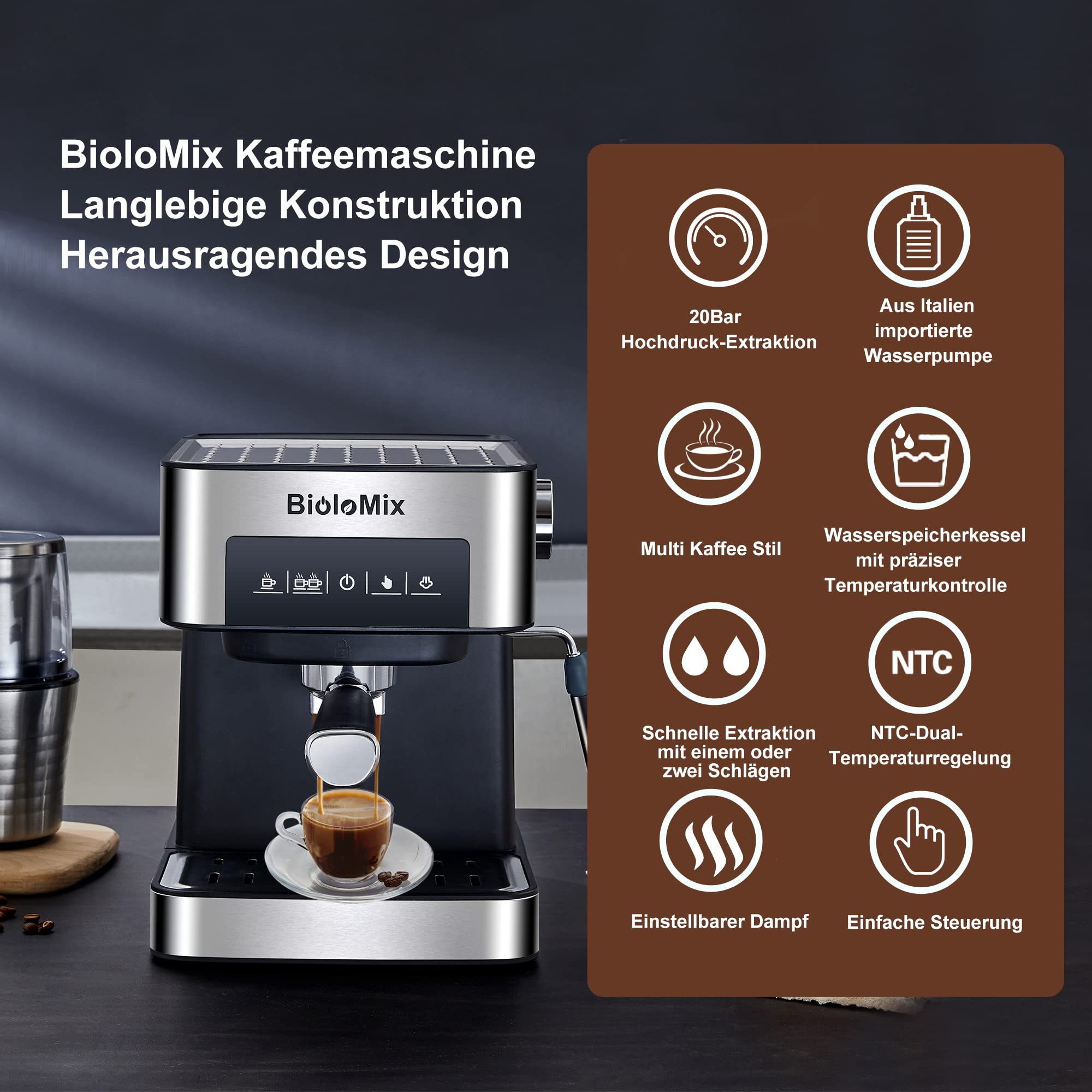 Biolomix Espressomaschine Siebträgermaschine 20 Bar,Filterhalter mit Doppelauslauf,Milchaufschäumdüse,abnehmbarer Wassertank, für 1-2 Tassen,Espresso,Cappuccino und Latte Machiato