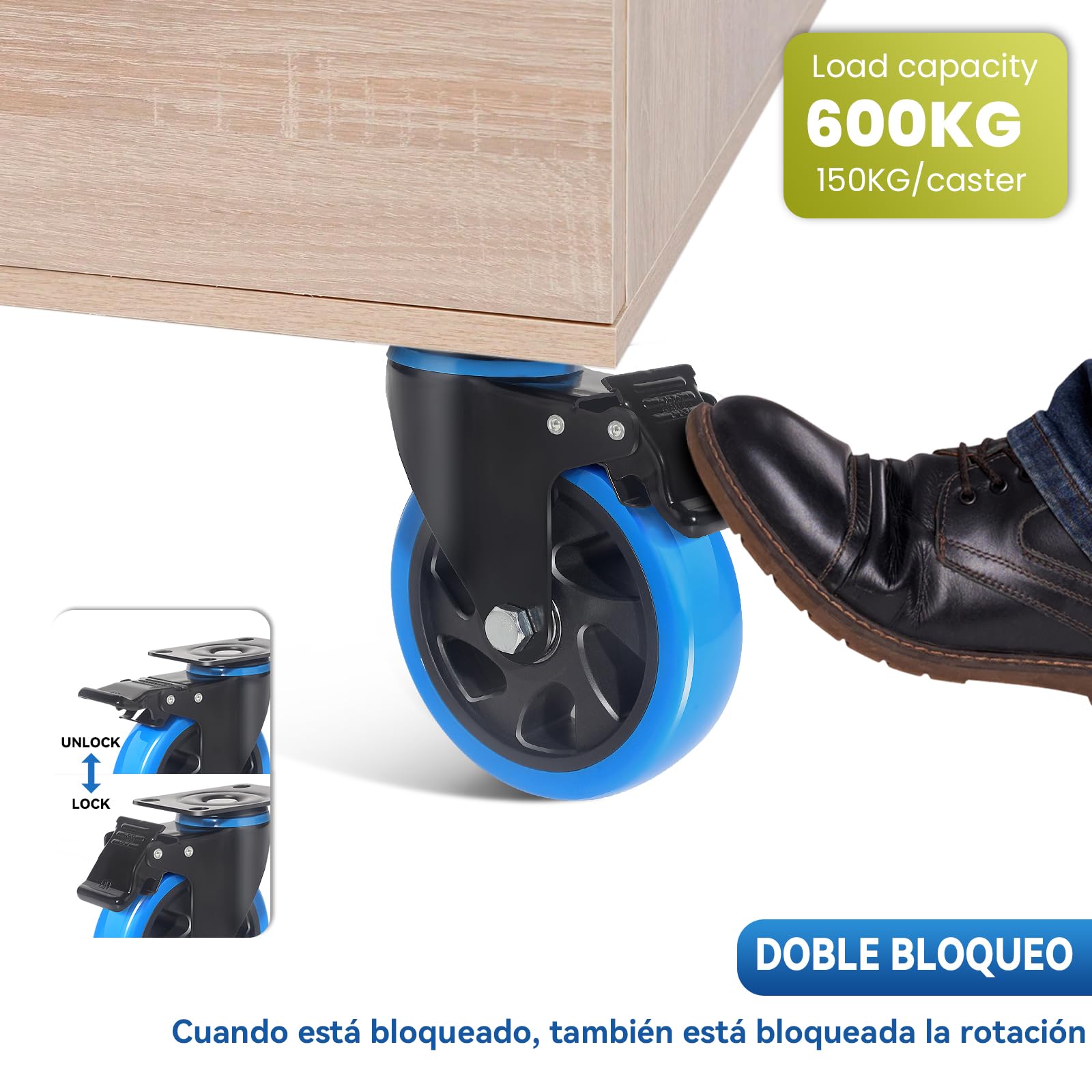Ruedas para Muebles de 100mm Azul para Trabajo Pesado con Freno y Tornillos - Set de 4 Ruedas Pivotantes de Carga Pesada - Ruedas Industriales de Placa - Soportan hasta 600KG