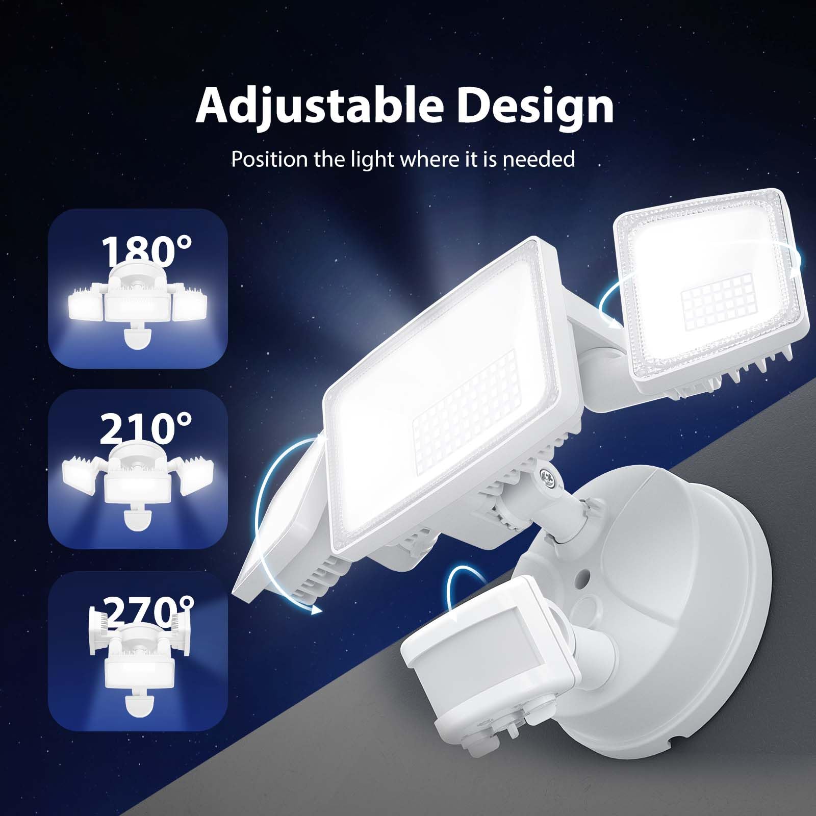 Onforu Reflektor LED z czujnikiem ruchu, na zewnątrz, 55 W, 5000 lm, reflektor zewnętrzny z regulowanymi 3 głowicami, 6500 K, zimna biel, IP65, wodoszczelny reflektor do garażu, ogrodu, na podwórko