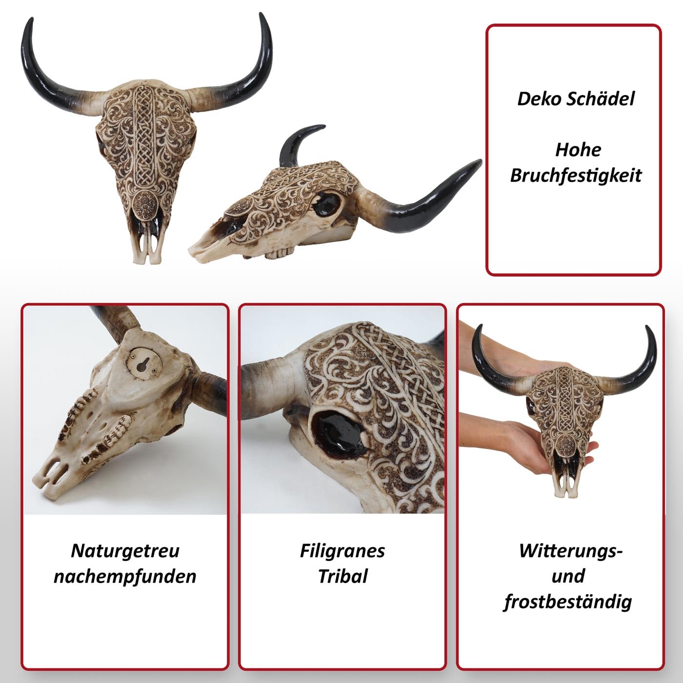 Mendler Deko Schädel 31cm HWC-C15, Polyresin Stier Bulle Longhorn Kopf Trophäe mit Tribal, In-/Outdoor