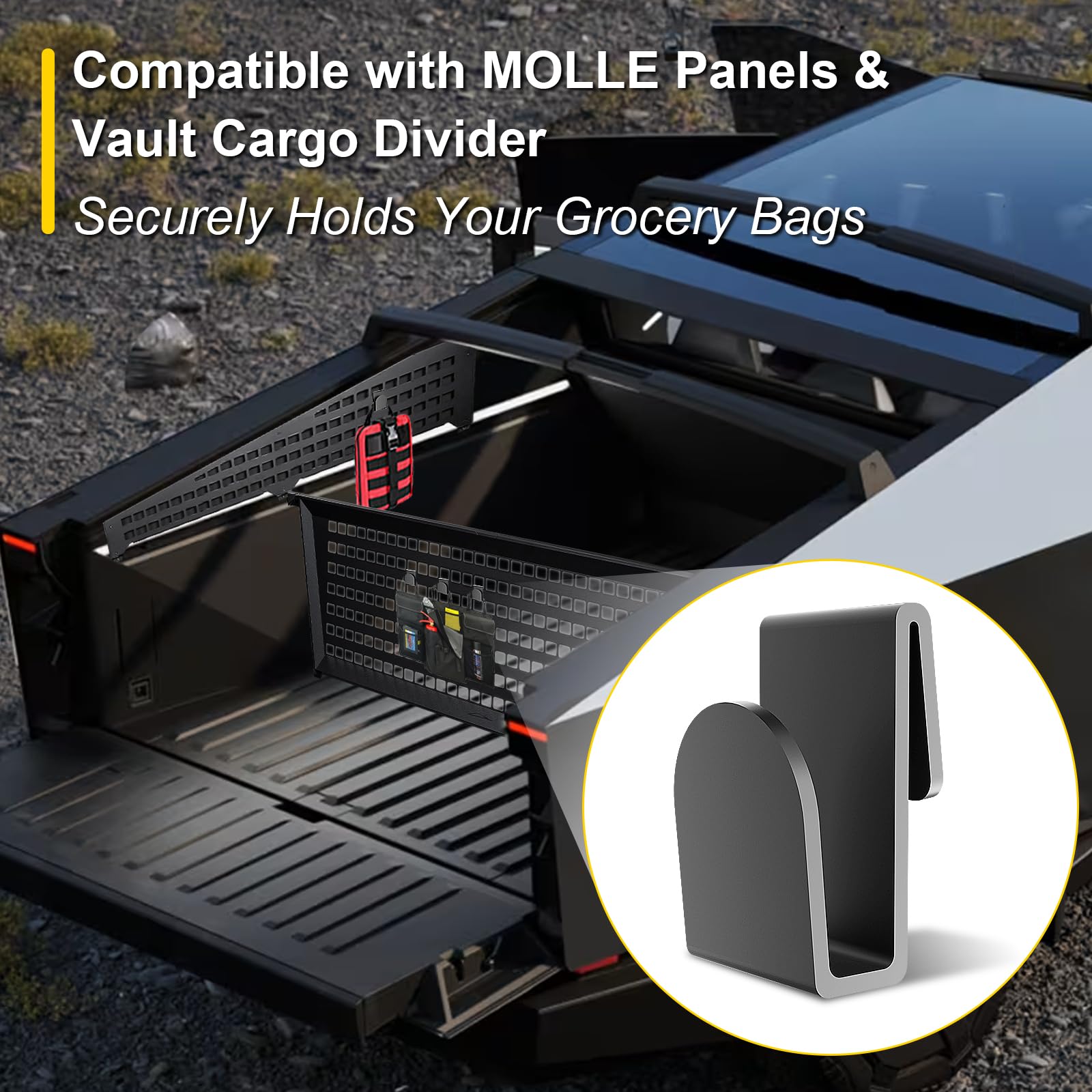 DNShorix Cybertruck Bed Divider Hooks for Tesla Molle Panel Accessories,up to 40 lbs, 4 Pack Heavy Metal Hooks, for MOLLE Panels and Vault Cargo Dividers