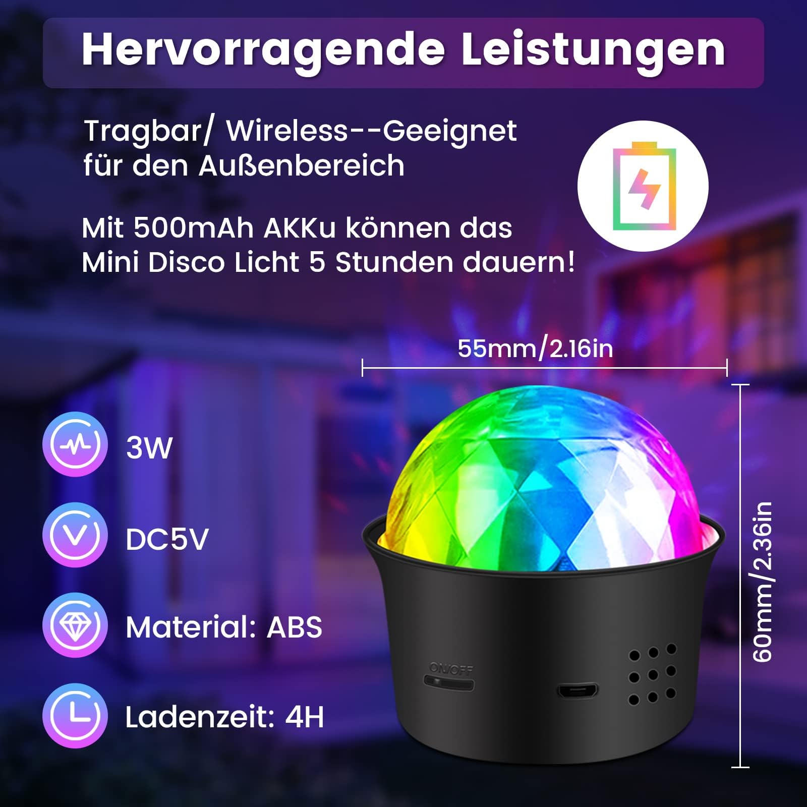 Bonlux Kula dyskotekowa 5 V, oświetlenie imprezowe, efekty świetlne, efekty świetlne RGB, oświetlenie imprezowe, sterowane głosem, USB, nastrojowe światło z 7 kolorami, 4 jasnościami i pilotem zdalnego sterowania, do pokoju dziecięcego, na imprezę, 2 sztu