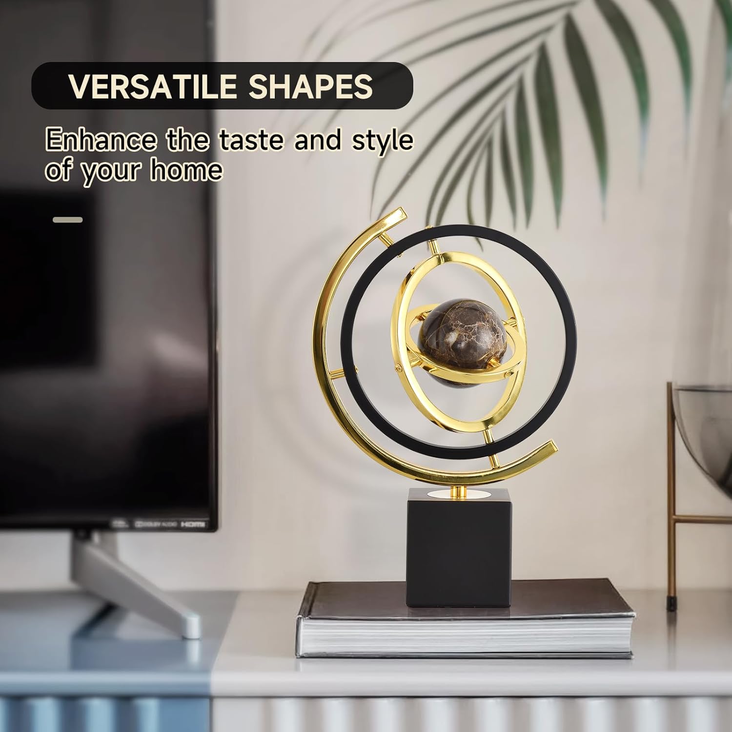 MRetro Iron Box Base odern Abstract Art Decoration Metal Globe Ornament Sculpture Decor with Rectangle Stand Black & Gold