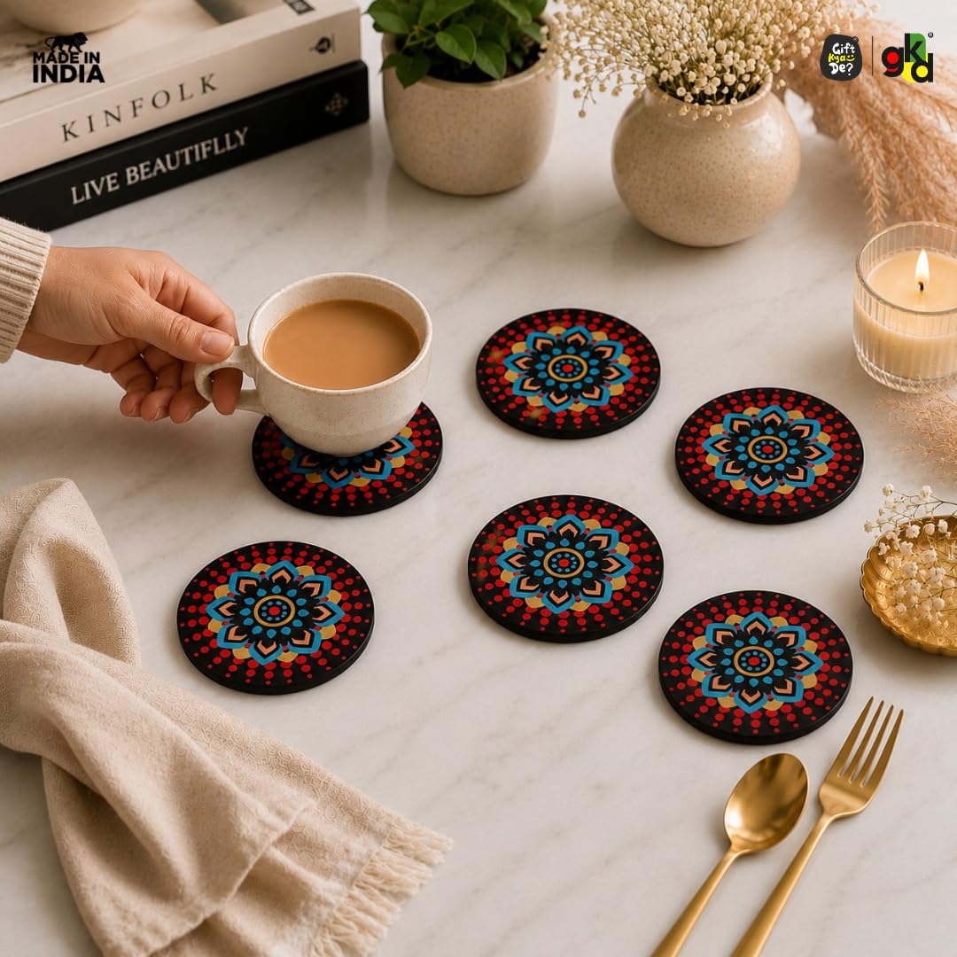 GKD Coaster Set of 6 Beautiful Wooden Coasters with Proper Coaster Stand | Designer Coaster Set Fit for Tea Cups, Coffee Mugs and Glasses (Round and Designer 3.5 X 3.5 Inch) (Black) 3