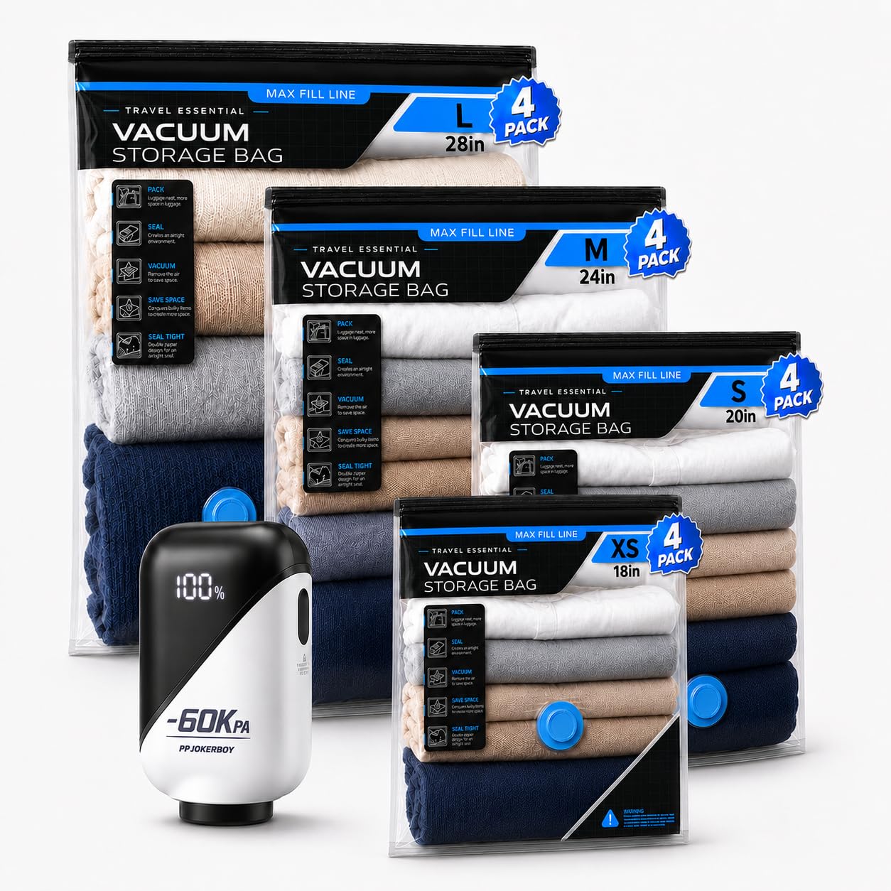 Sacchetti sottovuoto da viaggio, pompa elettrica ricaricabile da 60 kPA, confezione da 16 sacchetti sottovuoto per abbigliamento, sacchetti a compressione salvaspazio per bagagli, valigie e oggetti