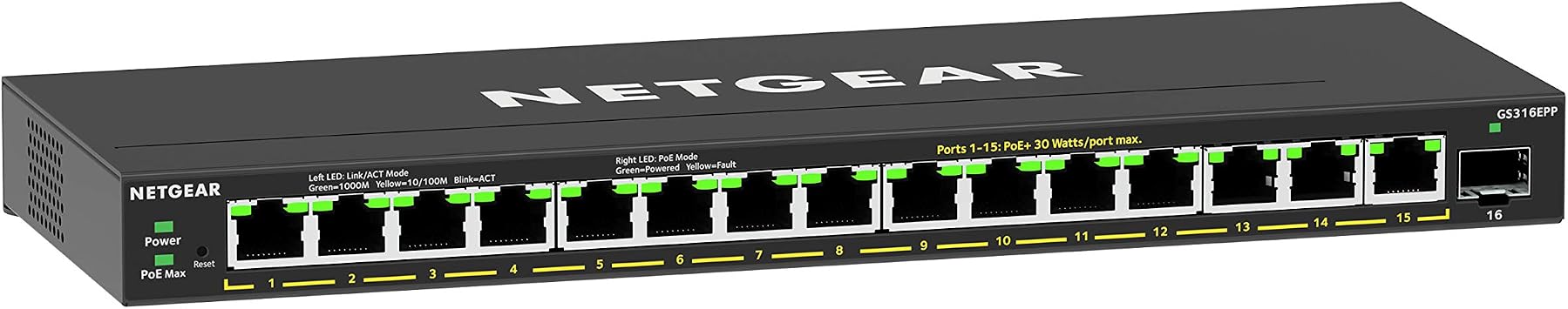 NETGEAR 16-Port PoE Gigabit Ethernet Easy Smart Managed Essentials Switch GS316EPP - with 15 x PoE+ @ 231W, 1 x 1G SFP Port, Desktop or Wall Mount
