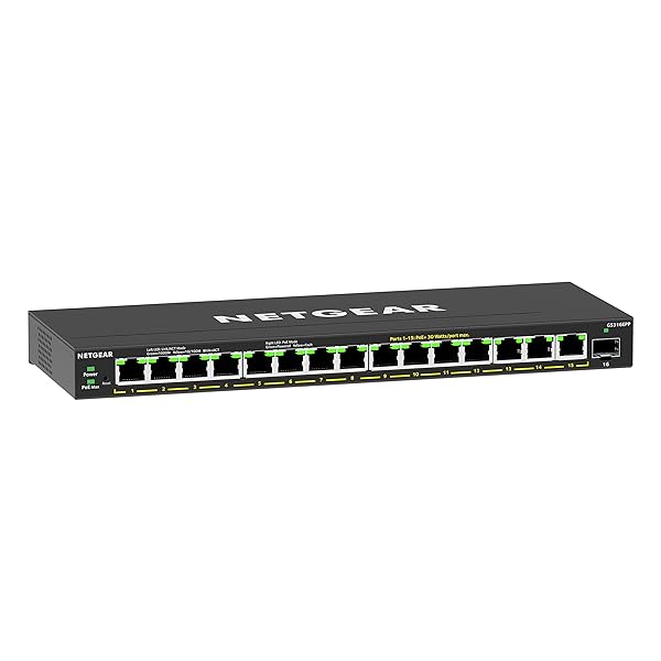 NETGEAR 16-Port PoE Gigabit Ethernet Easy Smart Managed Essentials Switch (GS316EPP) - with 15 x PoE+ @ 231W, 1 x 1G SFP Port, Desktop or Wall Mount