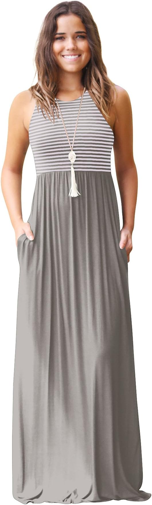 JYUAN Womens Summer Sleeveless Crew Neck Casual Striped Maxi Dress Tank Long Maxi Dress with Pockets