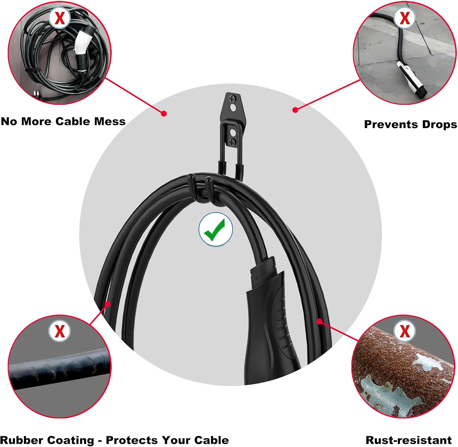 EV Charger Holder Wall Mount Heavy Duty Steel J-Hook Electric Vehicle Charger Cord Organizer for Indoor Outdoor Use