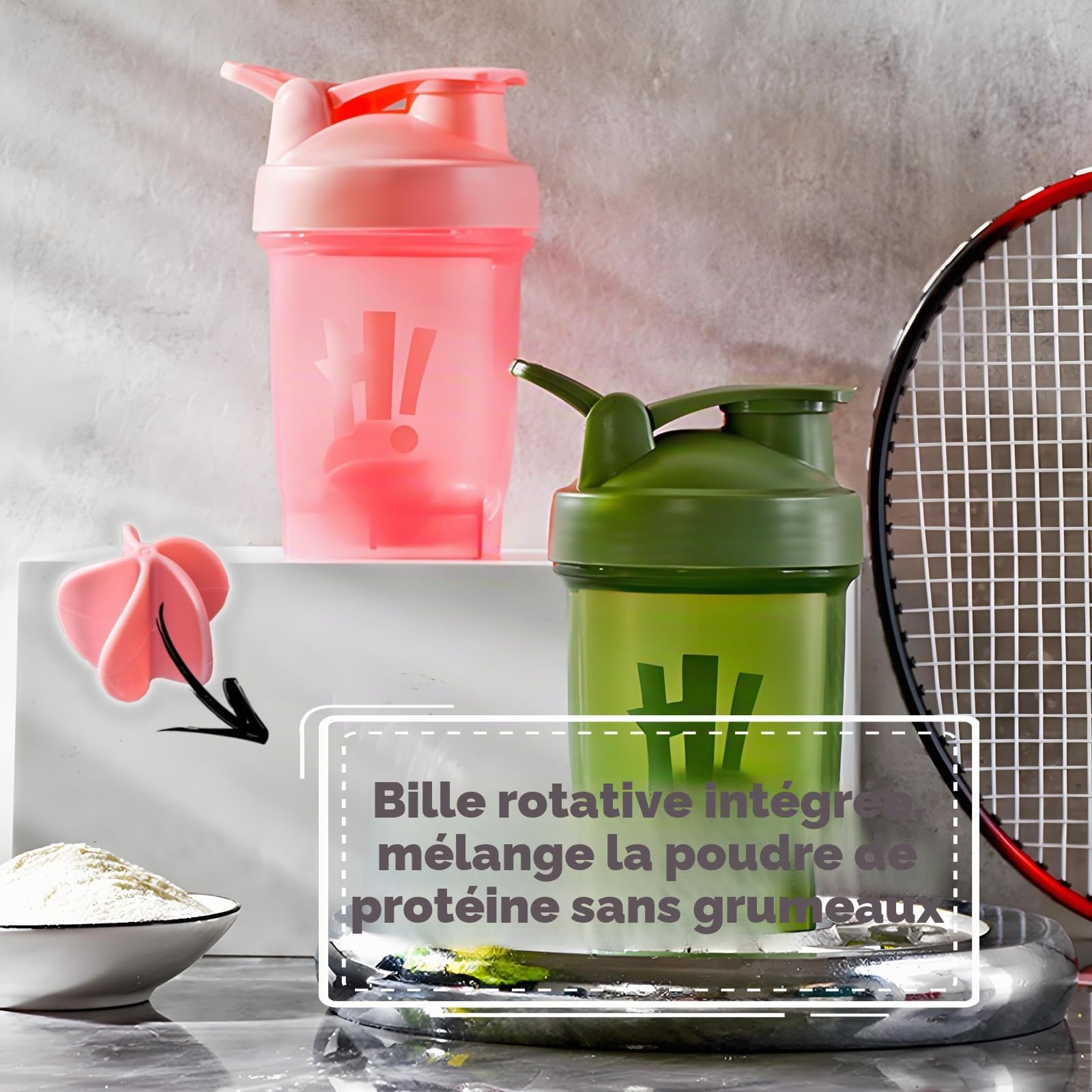 Tokaneit 2 Pièces Bouteille Shaker Protéines Étanche, Shaker Proteine Sans Bpa, Avec Boule en Spirale, 2 Brosse en Mousse, Portable, Facile à Nettoyer, pour Compléments Sportifs, 350ml