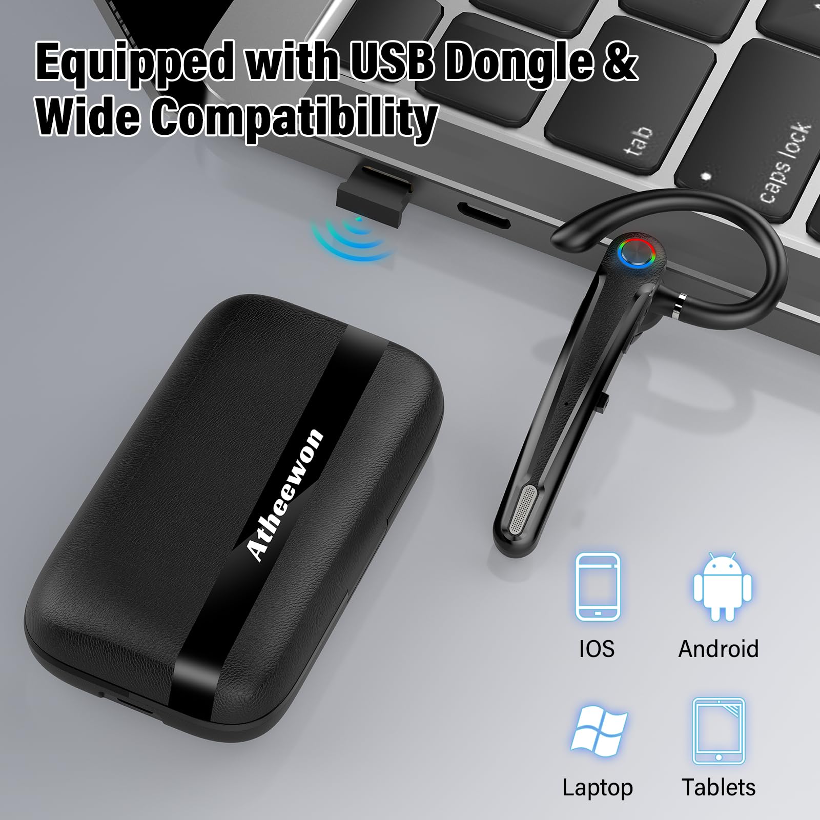 Atheewon Auricolare Bluetooth V5.4, Cuffie Vivavoce Wireless | ENC Doppio Microfono Antirumore, Silenziamento, Connessione Due Dispositivi, 115Ore Cuffie Bluetooth, Adattatore USB Computer