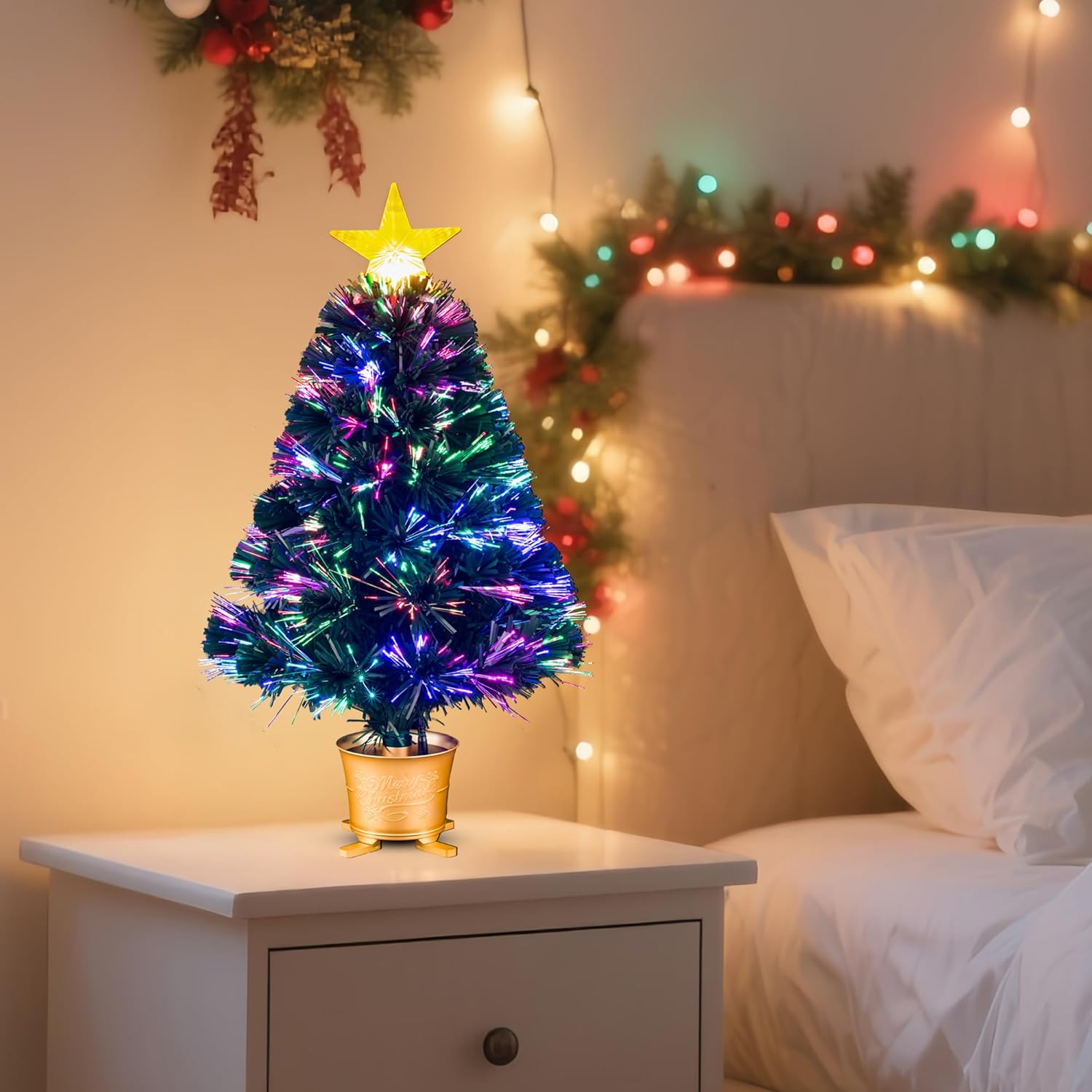 24inch Pre-lit Mini Fiber Optic Tabletop Artificial Christmas Tree，Small Xmas Tree with Stars Decorations-Gold