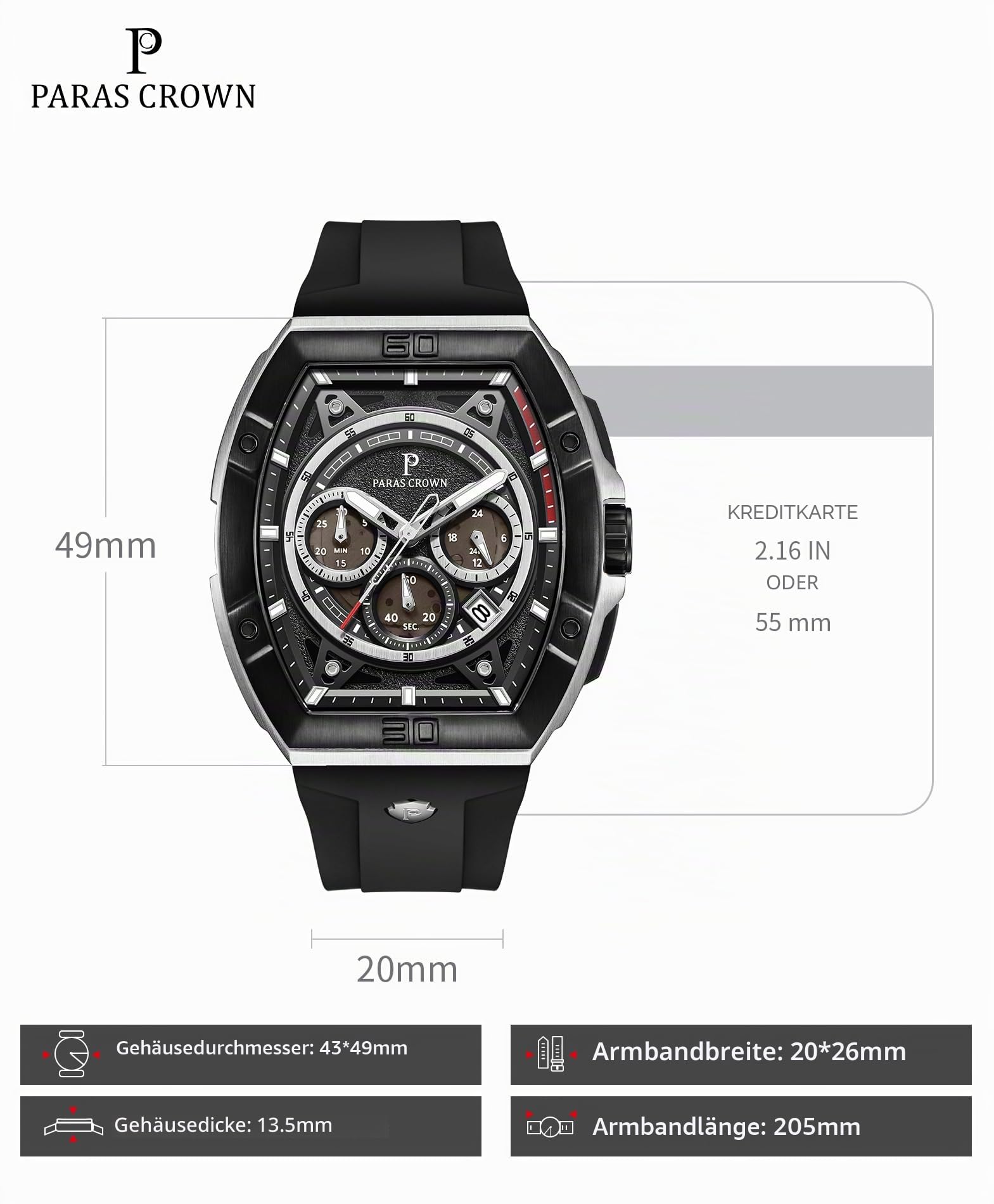 Paras Crown Uhren Herren Chronograph mit 3 Zifferblättern, Datum & Stoppfunktion, Japanischem Quarz – Uhr für Herren Armbanduhr, Silikonarmband, 5ATM wasserdicht & Leuchtzeiger