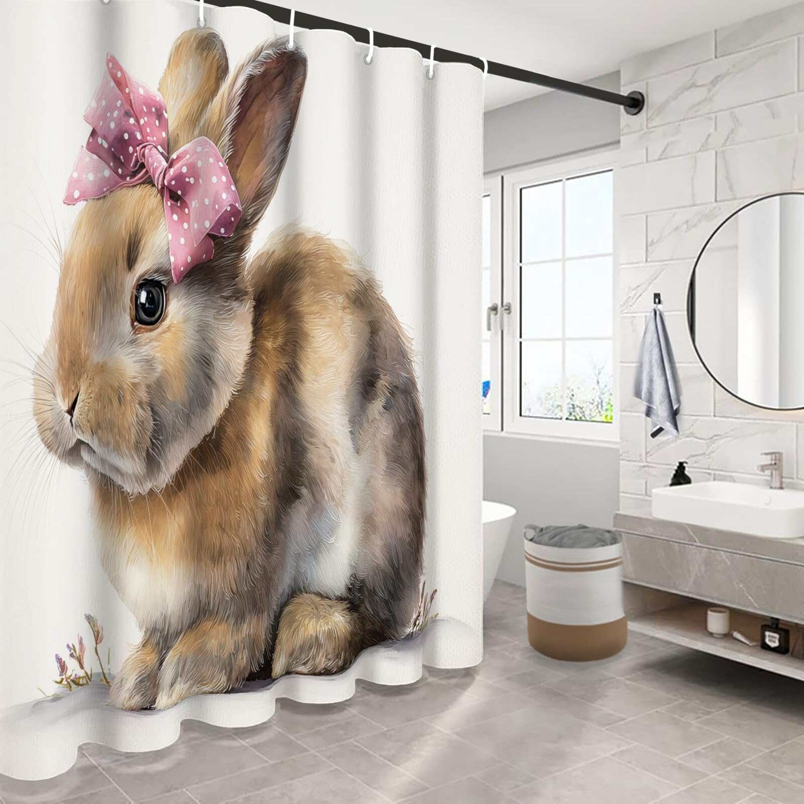 Lapin À Nœud Rideau De Douche, Animaux À L'Aquarelle Material Resistente Al Agua Durable Estampa Digital, Brun