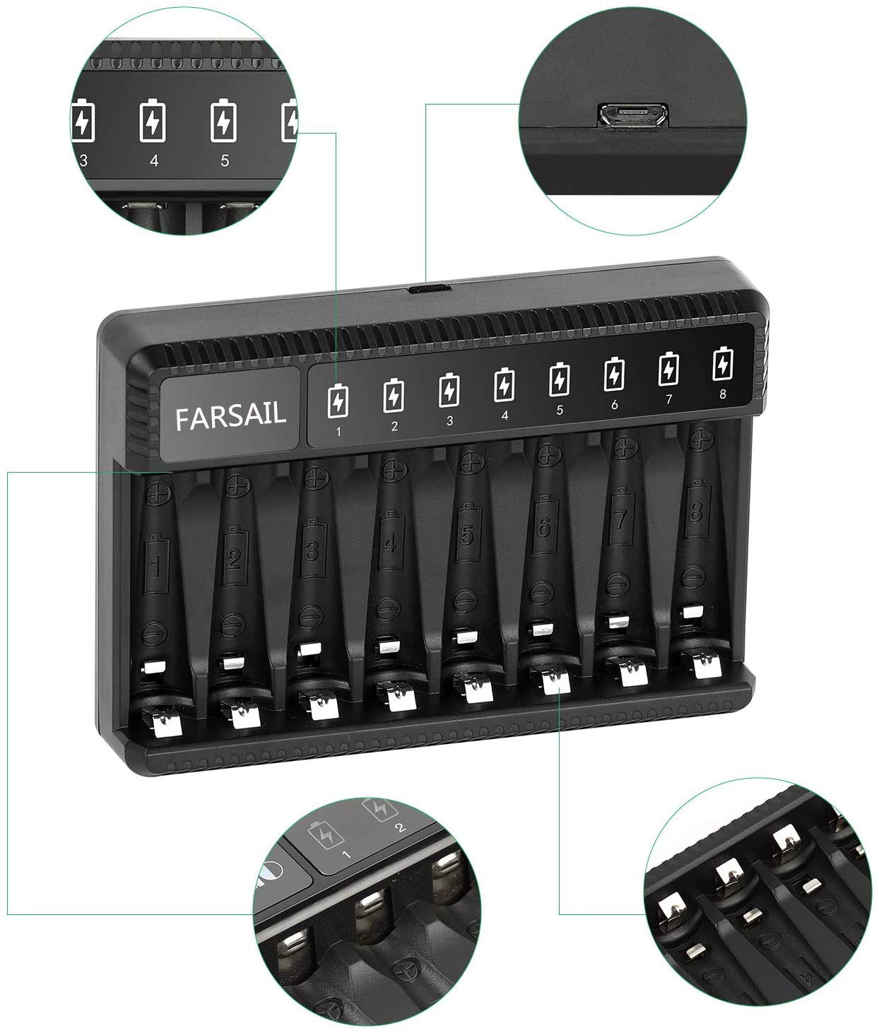 Lot de 8 piles rechargeables AAA 1000 mAh 1,2 V NiMH et chargeur de piles AA AAA