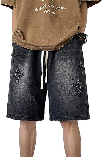 Mens Star Embroidered Denim Shorts Elastic Waist Baggy Bermuda Casual Jean Shorts Summer Loose Fit Beach Shorts
