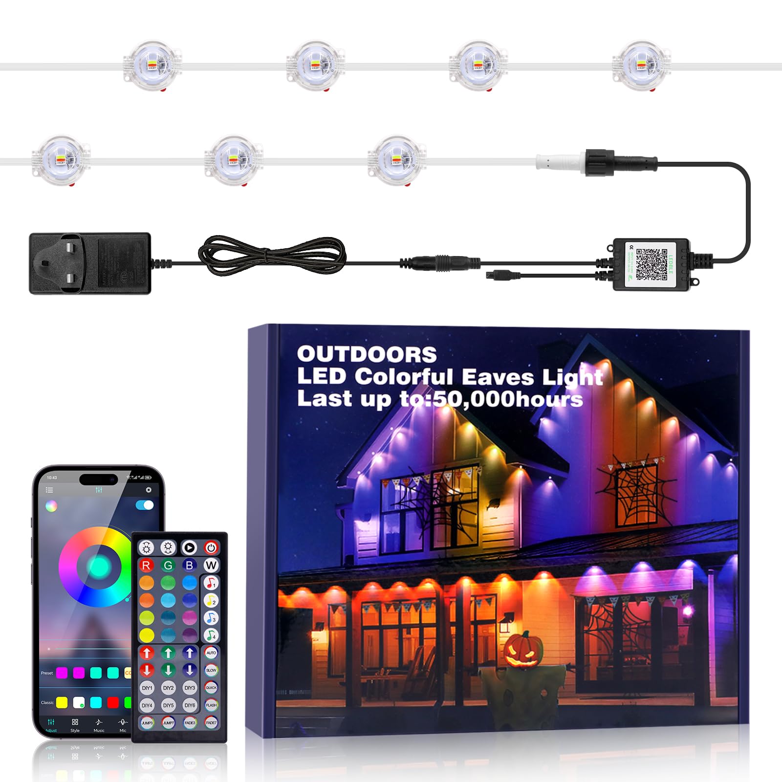 Wisada 24V RGBCCT 5 in 1 Beads LED Eave Light Kit [90M(2 * 45M)/150led], Waterproof LED Bulb with 44 Keys IR Bluetooth Music Controller, Christmas Wedding Party Decoration