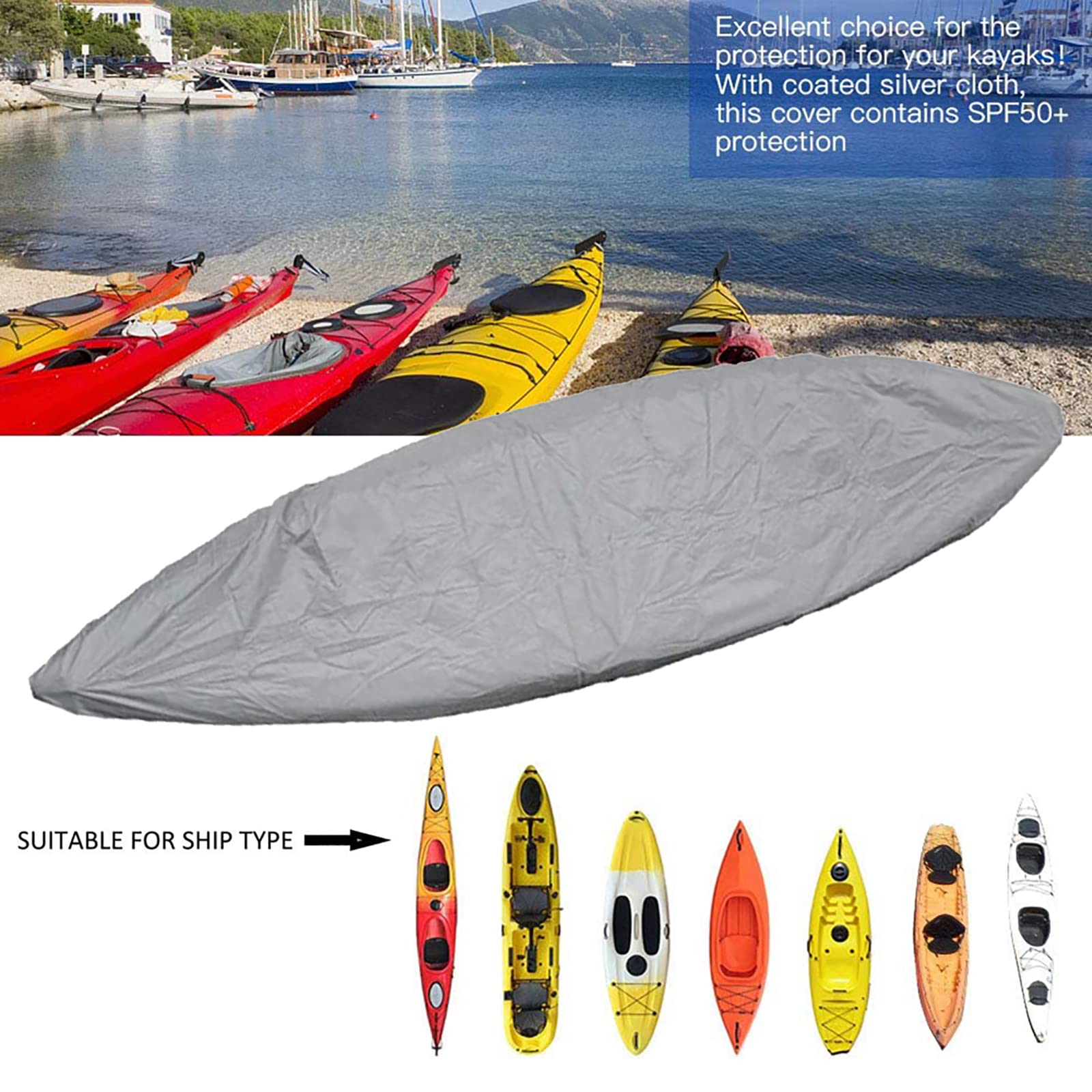 AMGJ Copertura per Kayak in Tessuto Oxford 420D Telo Copri Protezione per Canoa Impermeabile Protezione dai Raggi UV(Grigio),Fit 2.1m to 2.5m Kayak