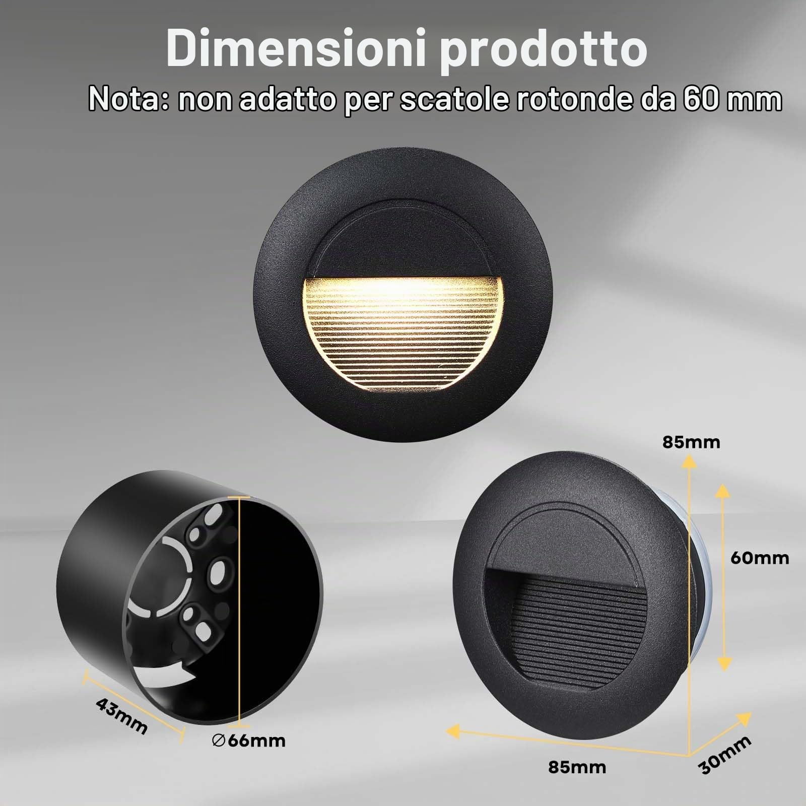 VivaLet Lampada LED Segnapasso da Incasso 6 Pezzi 5W 500LM, Luci Per Scale da Parete Per Esterni 230V 3000K, IP65 Scatola da Incasso 66mm, 85 X 85 mm, Applique per Esterno Alluminio Nero Circolare