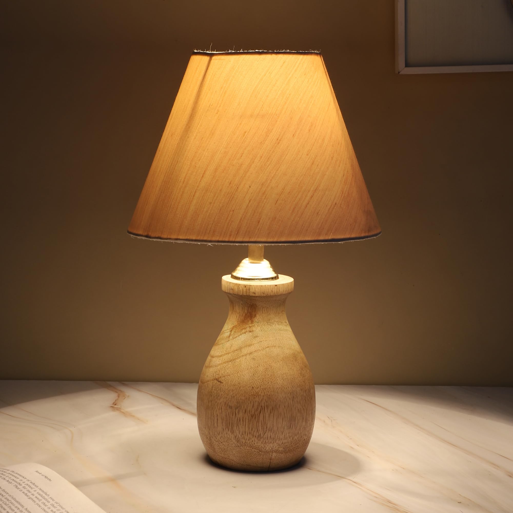 tu casa Mangowood Pot Style Table Lamp for Home Decoration, Bedroom, Living Room, Lounge, Office, Festival Gifting, Study Table (Off White with Cotton Shade) H - 13" / No Blub-image-12