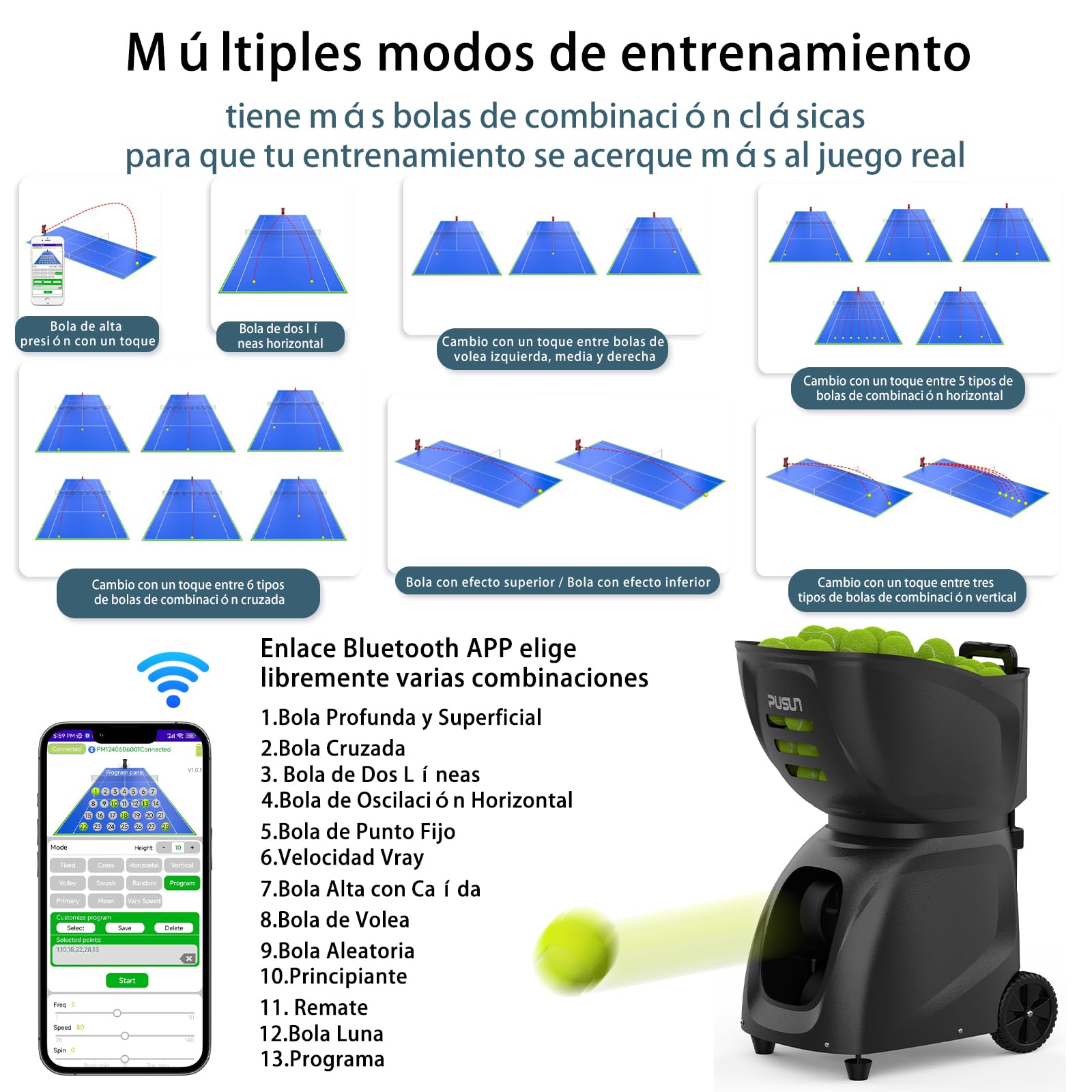 Genérico PT-MAX C - Máquina de Tenis Inteligente con App y Control Remoto. Velocidad y spin Ajustables, programación multizona, Alta Capacidad, batería Duradera. Portátil, para Todos Niveles.