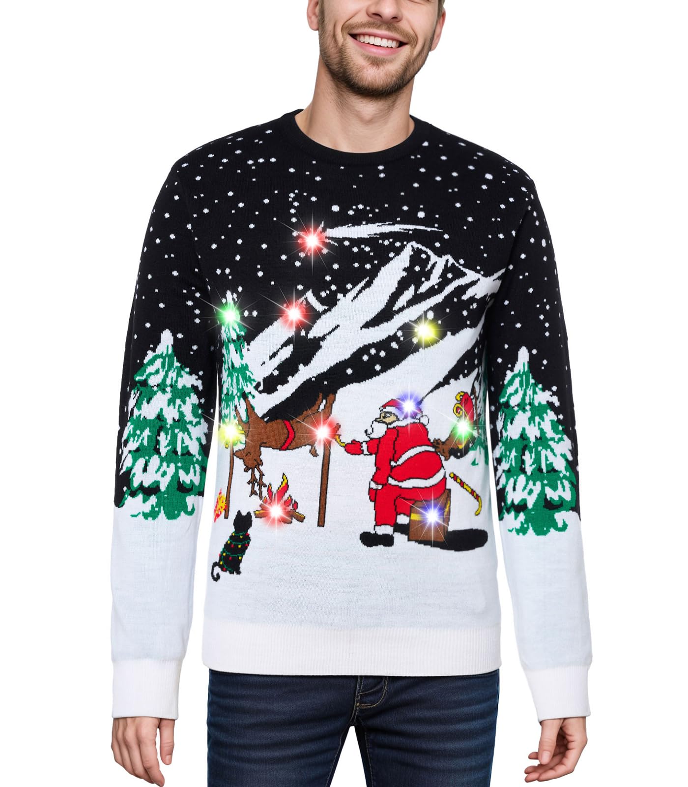 RAISEVERNLED Men Ugly Christmas Sweater Funny Light Up Xmas Party Long Sleeve Knitted Pullover