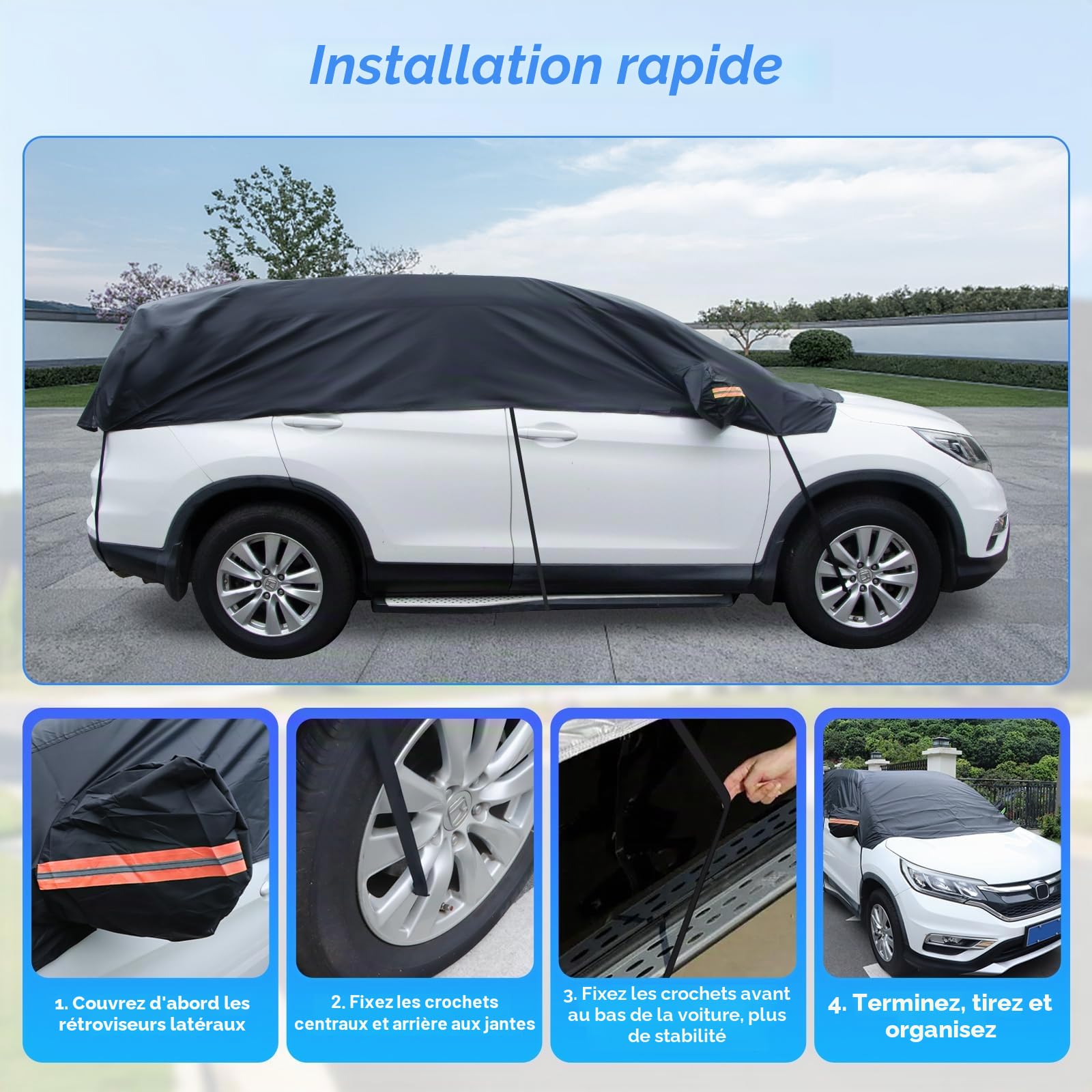 Demi Housse Voiture Ninonly 210D Universelle Demi Bache Voiture Exterieur Protection Toutes Saisons Contre la Pluie, la Poussière, Le Soleil et Les Feuilles Noire