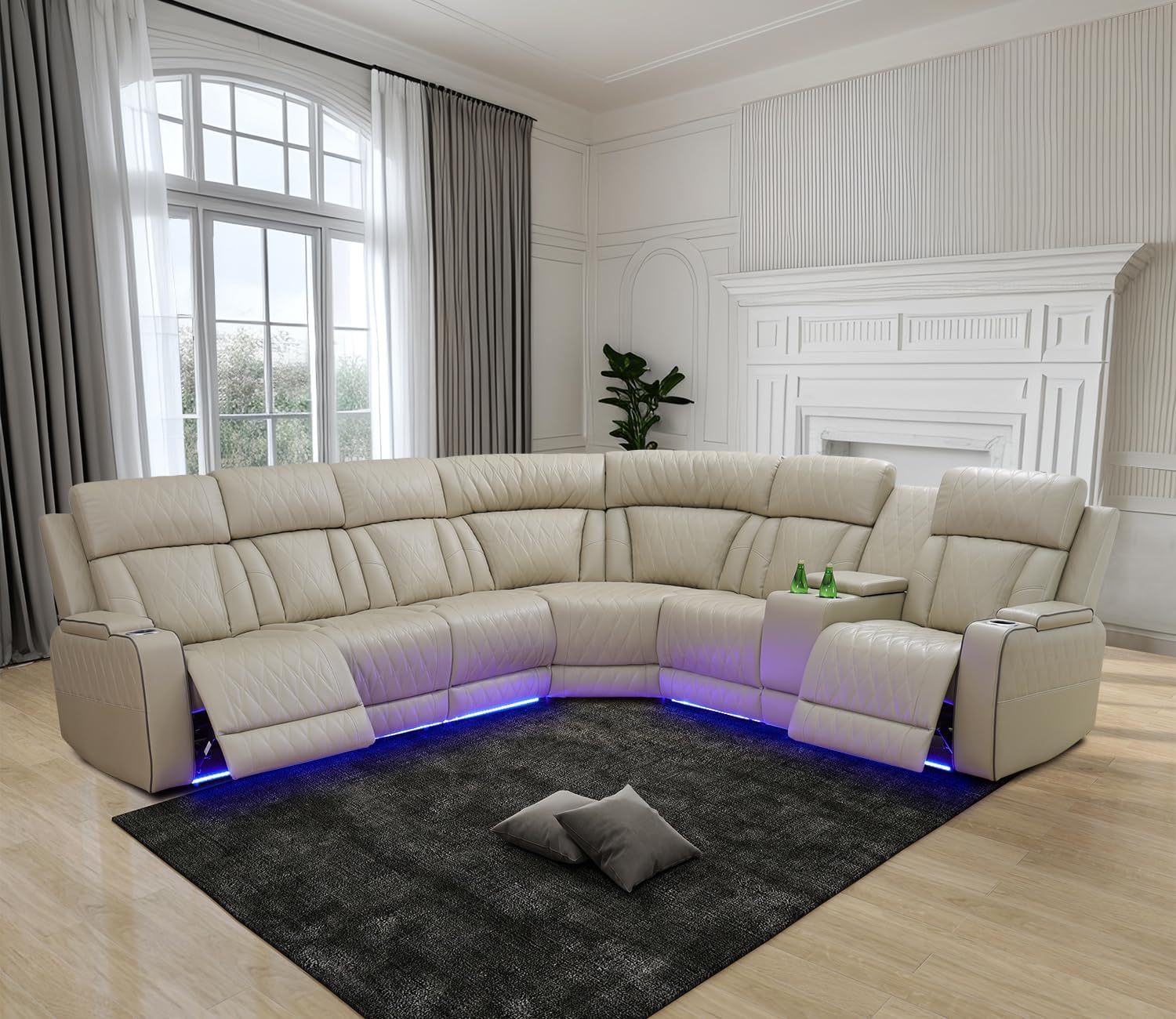 Power Recliner Sofa Sectional Couch with LED Light for Living Room,Leather Reclining Corner Sectional Sofa with 2 Recliner Seats,Cup Holder,Storage Console for House/Home Theater, Paddy