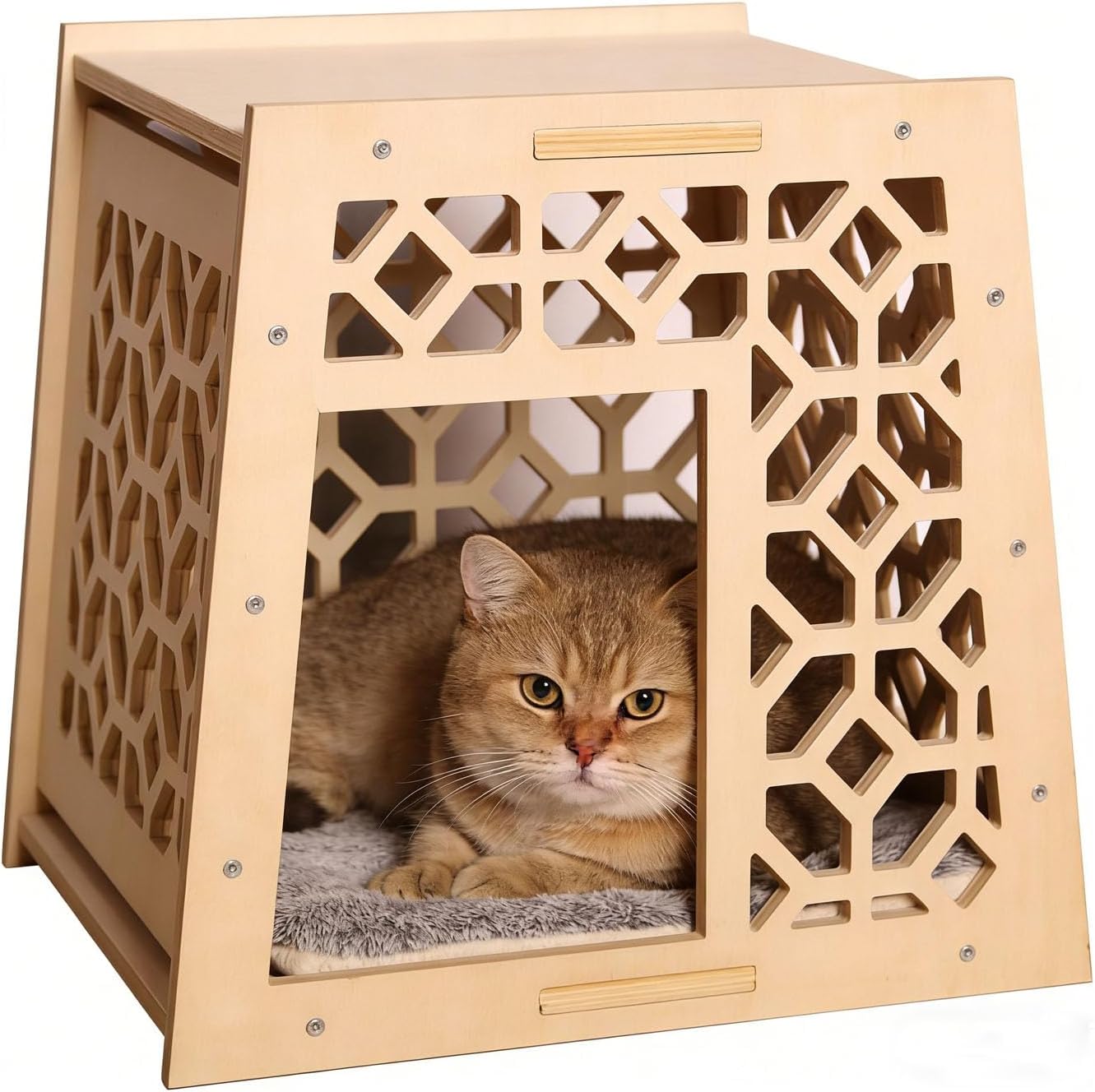 Indoor Solid Wood Cat House, Handcrafted Vintage Carved Hollow Design, Natural Wood Finish, Easy Assembly & Cleaning, Elegant Pet Shelter for Feline Friends