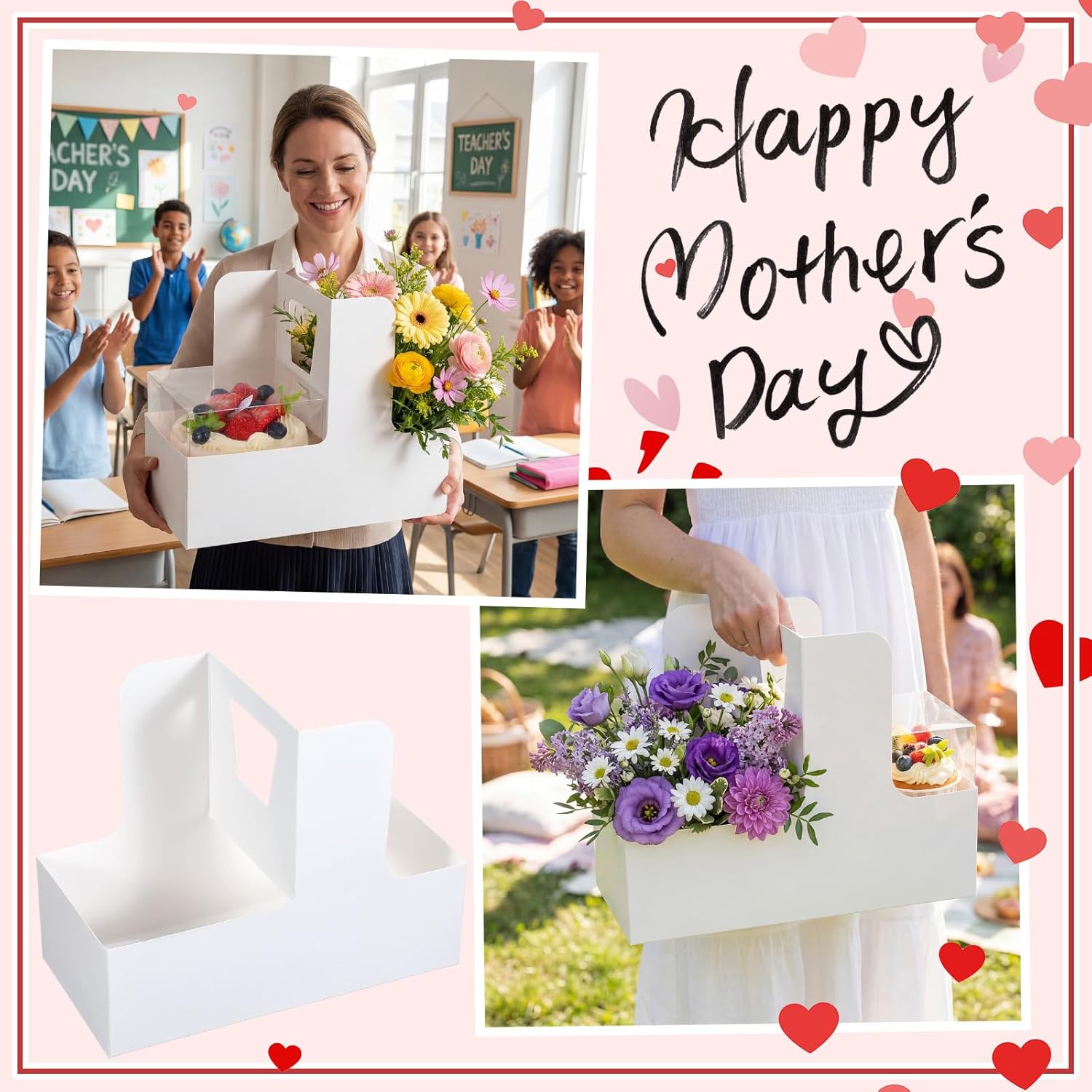 Qinyoung 12 Sets Mother's Day Flower Gift Box Cake Flower Gift Boxes with 12 Pcs Transparent PVC Cake Boxes Mother's Day Box for Teacher,Mom Wedding, Birthday Party(White,Classic,Blank)