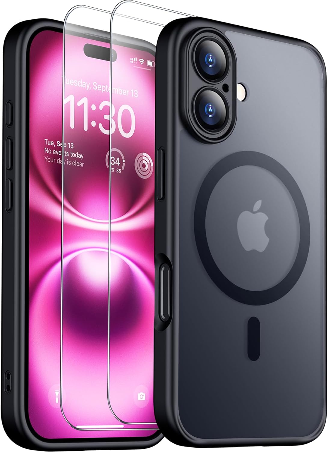 spidercase designed for iphone 16 case, magnetic translucent [2+full coverage tempered glass screen protector] [full camera protection] anti-fingerprint anti-scratch for iphone 16 6.1”, black black iphone 16 6.1''