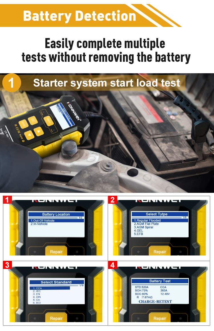 KONNWEI KW510 12V Autobatterietester 100-2000 CCA,mit Ladung & Reparaturfunktion – Kompakter 3-in-1 Diagnosegerät für Autos, Motorräder, Boote,8 Sprache, Reverse Polschutz