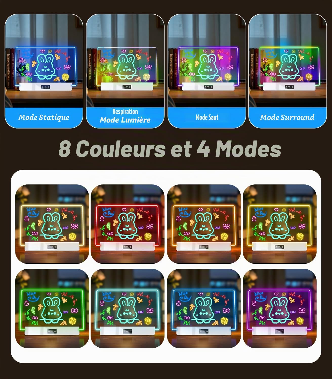 Tableau Lumineux Dessin Enfant - Ardoise Lumineuse 35x23cm avec 8 Couleurs RGB & 3 Modes Planche à Dessin LED Rechargeable, Support et Chaîne Inclus - Tablette Lumineuse Dessin
