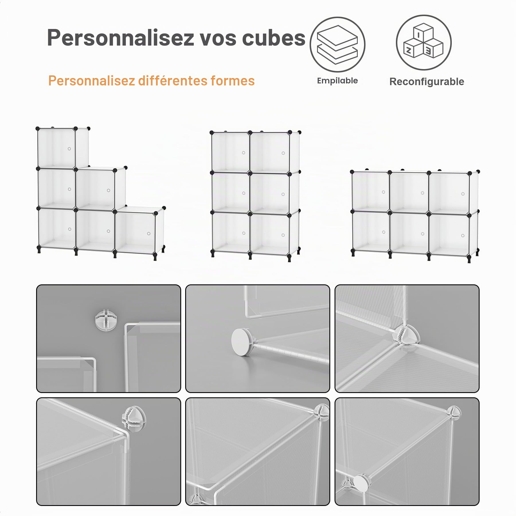 6 Cubes avec Portes, Rangement cubique pour Chambre à Coucher, Armoire et Dessous d'escalier, 30x30x30cm Compartiments, Rangement de Placard économisant de l'espace, Blanc ATTSL6002