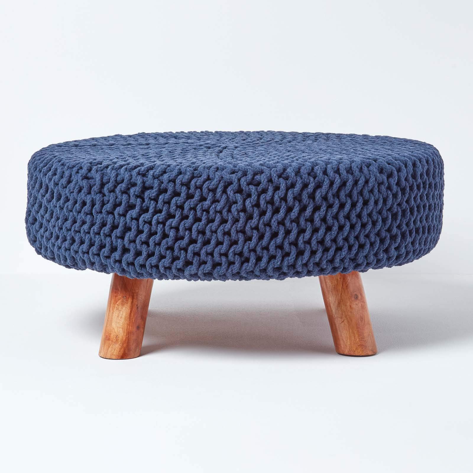HOMESCAPES Navy Blue Knitted Pouffe Footstool Occasional Seat 100% Cotton for Living Room Children or the Elderly