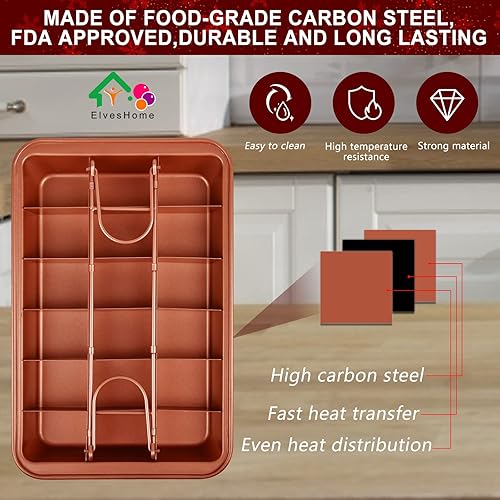 Miniatura 6 de Bandeja para brownie con divisores, bandeja para brownies con cortador, sartén antiadherente para hornear brownie con cepillo para espátula, moldes