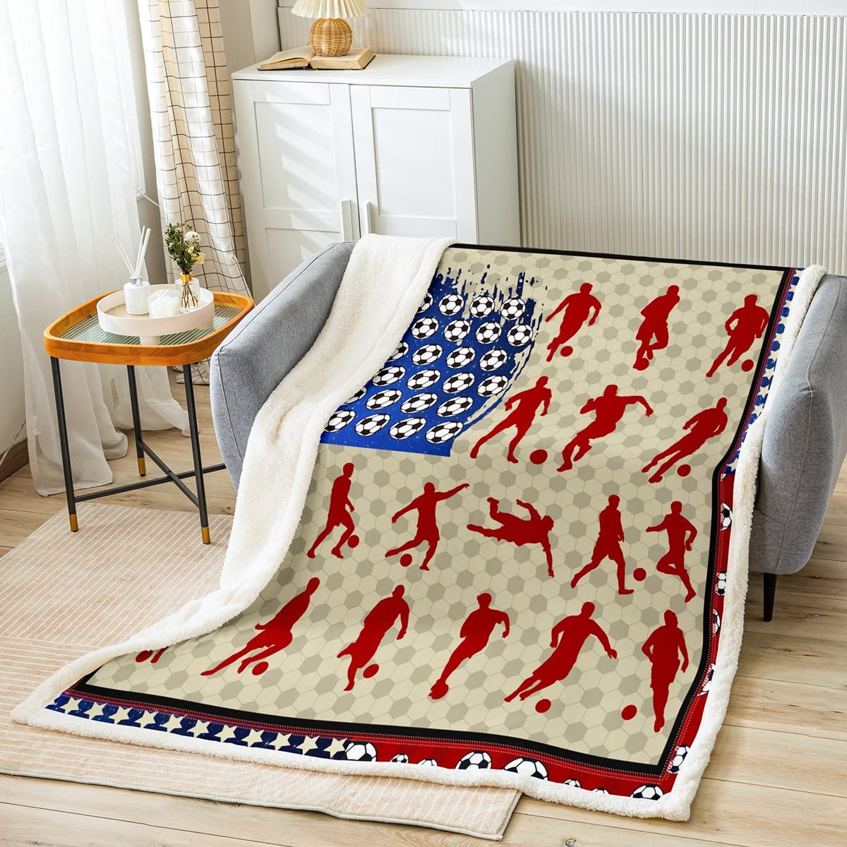 Coperta da calcio in pile calcio bandiera americana Sherpa coperta per bambini ragazzi e ragazze sport peluche Illustrazione Fuzzy coperta per divano letto, regina, 200 x 90 cm