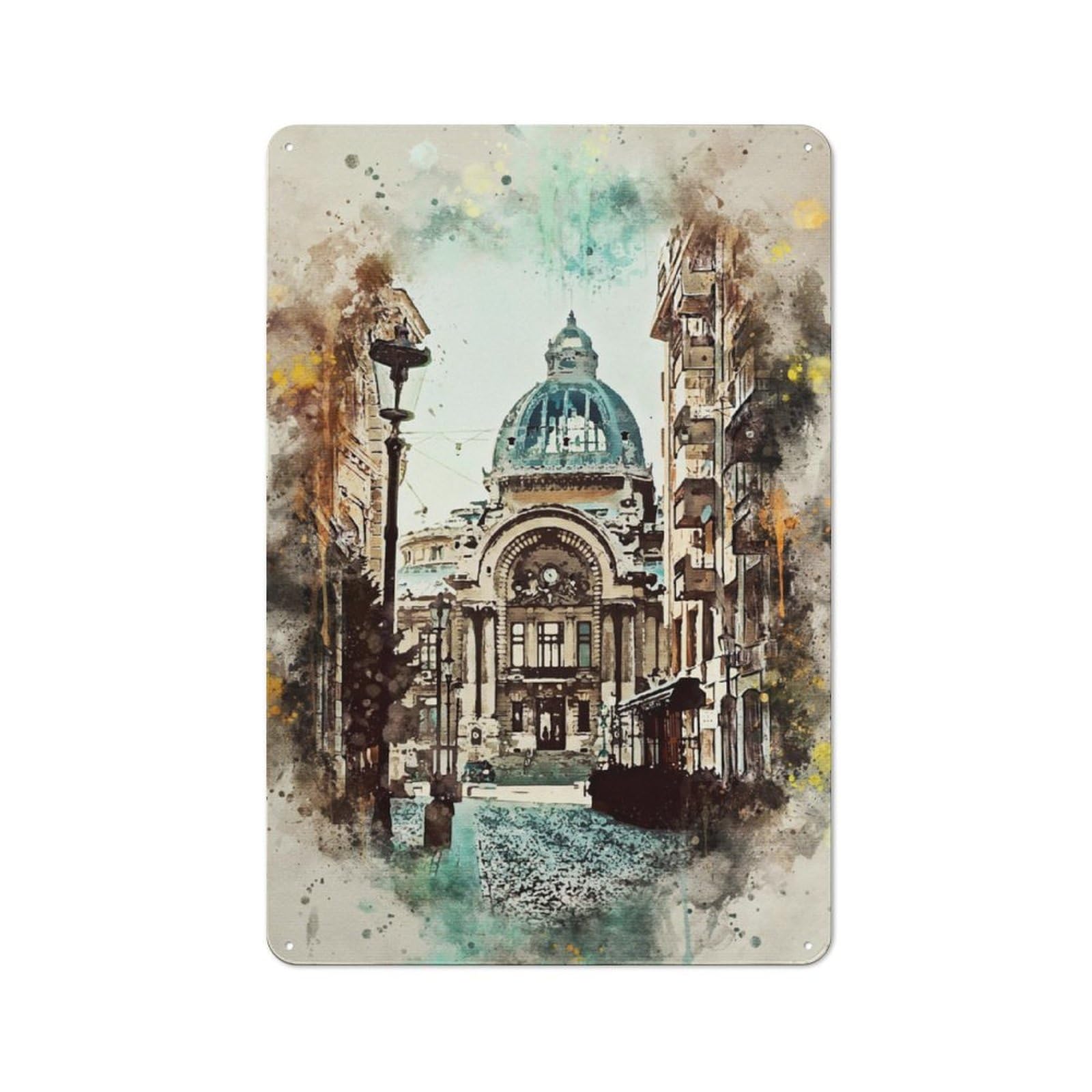 Junmoney Bucharest Watercolor Metal Plaque 30X20cm With For Hallway Wall, Retro Decor, For Wall Display Collectors