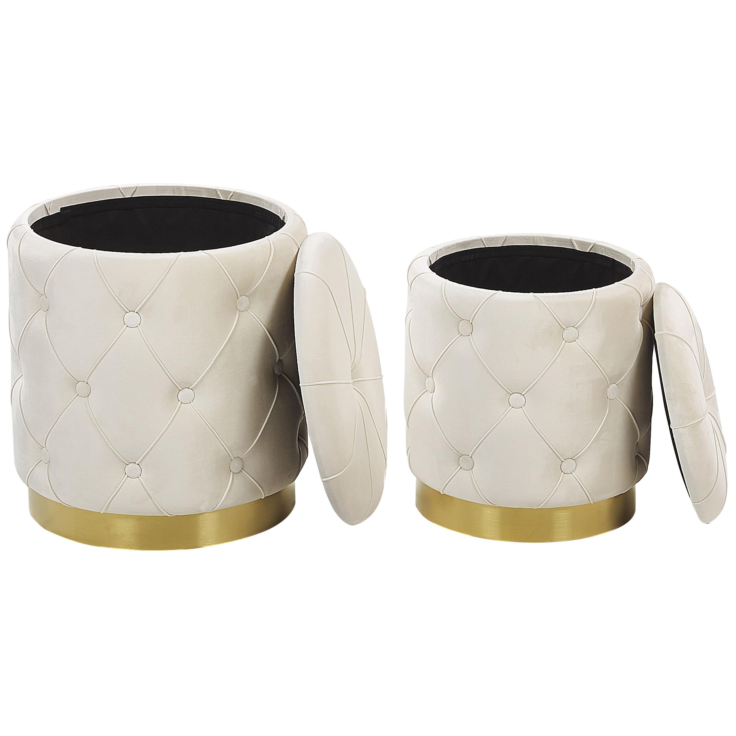 Lot 2 Poufs Coffres de Rangement en Velours Blanc Capitonné et Base en Acier Doré pour Chambre ou Salon au Design Glamour et Vintage Beliani