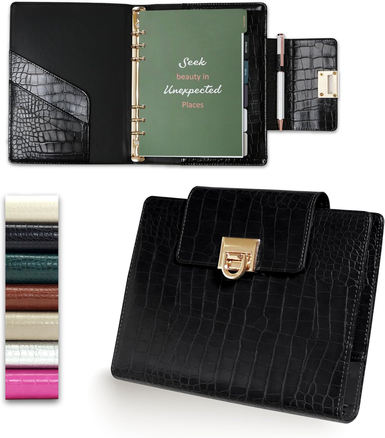 EGOSUNNY® Crocodile-Embossed A5 Refillable Undated Leather Planner – 5.8" x 8.3" Crocodile-Textured Leather Cover, Refillable 6-Ring Binder with 80 Sheets, Dividers & Metal Ballpoint Pen - Fashion-Inspired Organizer for Professional Women, Work & Meetings