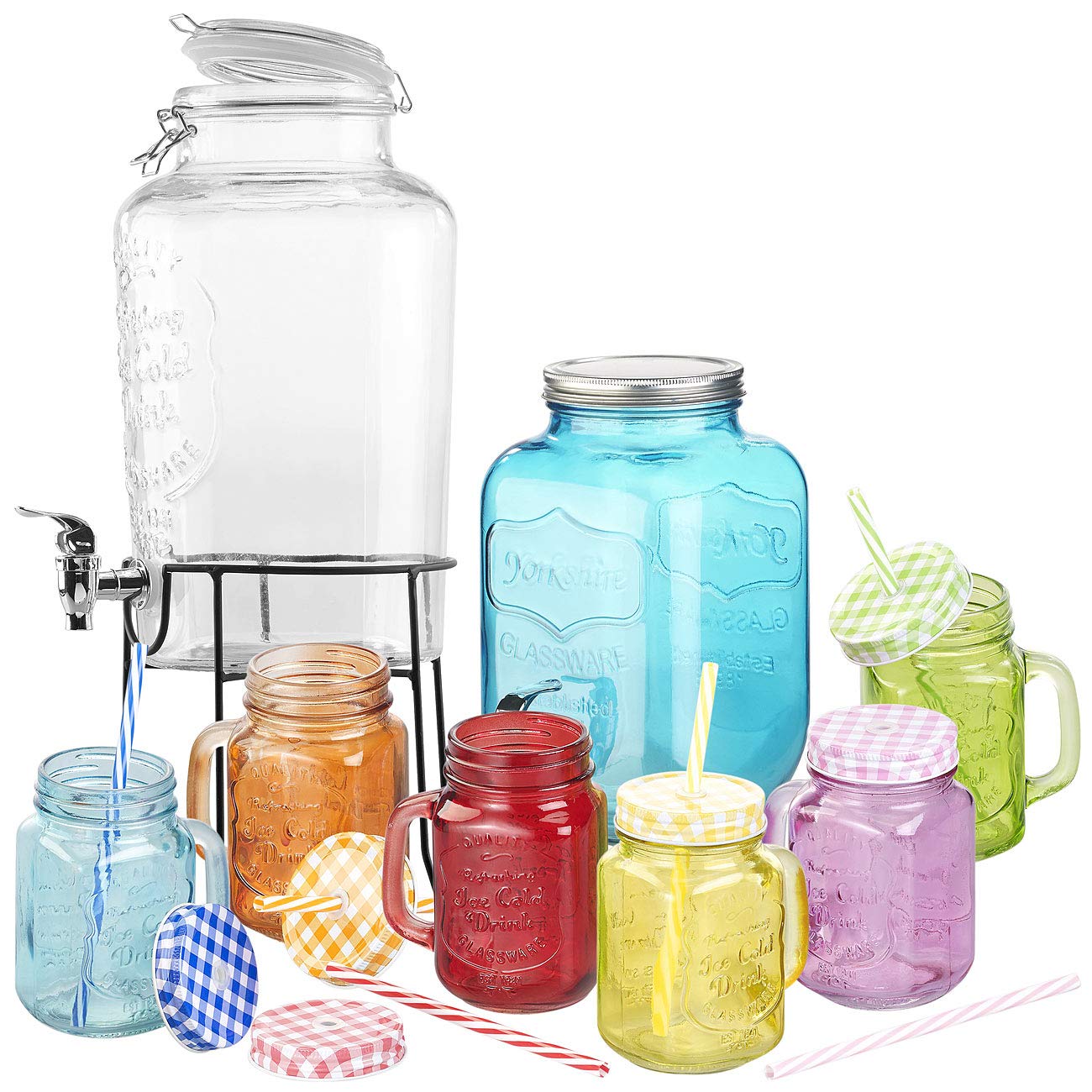 PEARL Trinkglas-mit-Deckel-Set: 2er-Set Getränkespender mit 6 Gläsern, 4 l & 6,5 l, Einmachglas-Look (Zapfhahnflaschen, Wassergläser, Bier)