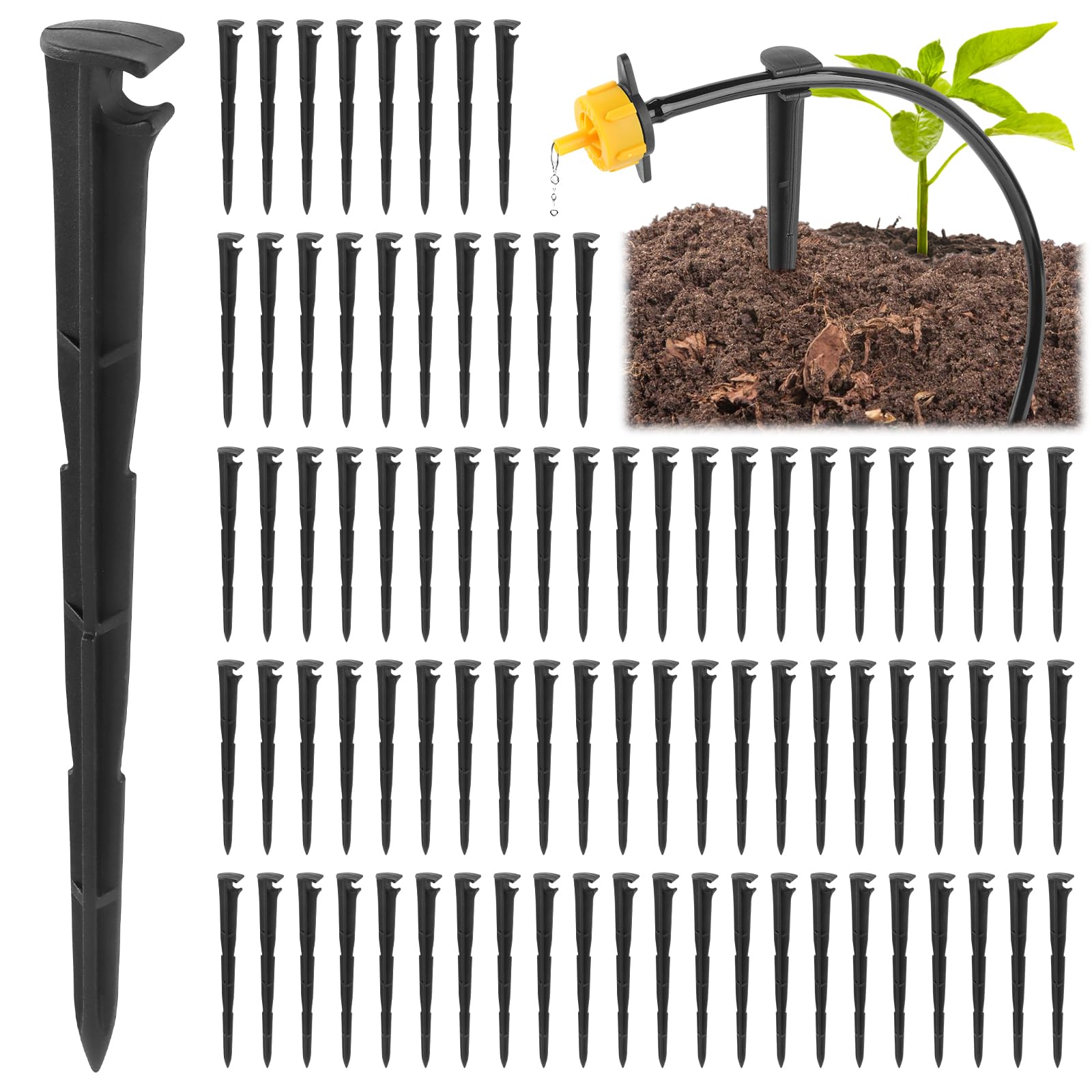 Kalolary 100PCS Drip Irrigation Support Stakes, 1/4 Inch Tubing Hose Holder Plastic Drip Line Tube Hold Stakes 4/7mm Garden Watering Hose Support Tools for Vegetable Flower Beds Lawn Supplies