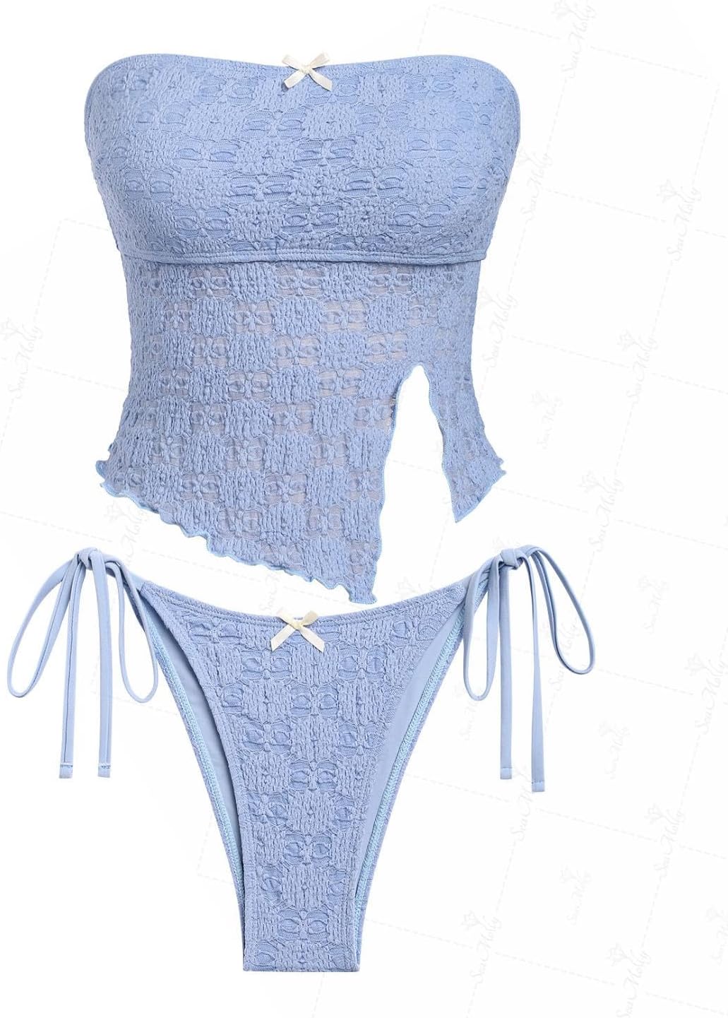 seamoly Lace Asymmetrical Slit Bowknot Decor Tie Side Tankini Set