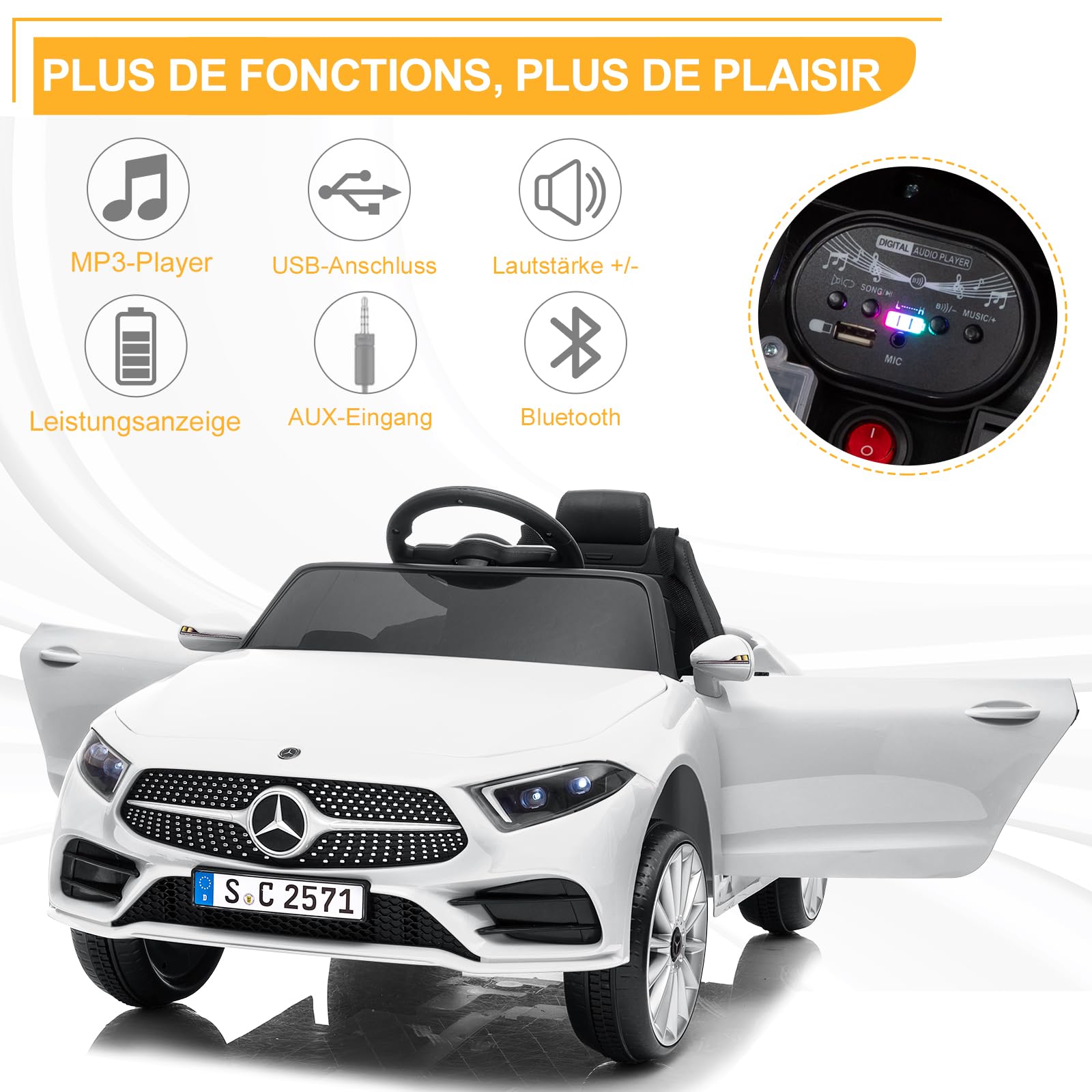 LALAHO Voitures électriques pour Enfants Mercedes Benz avec Télécommande 2.4G, Véhicule électrique Enfant 2 Portes avec MP3 (CLS Blanc)