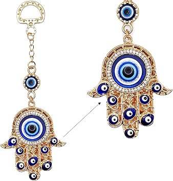 LUCKBOOSTIUM Hamsa Hand Evil Eye Keychain with Crystal Rhinestones - Good Luck Charm Keychain, Rear View Mirror Accessories, Decorative Car Hanging Ornament, Evil Eye Wall Decor and Bag Charms Gold