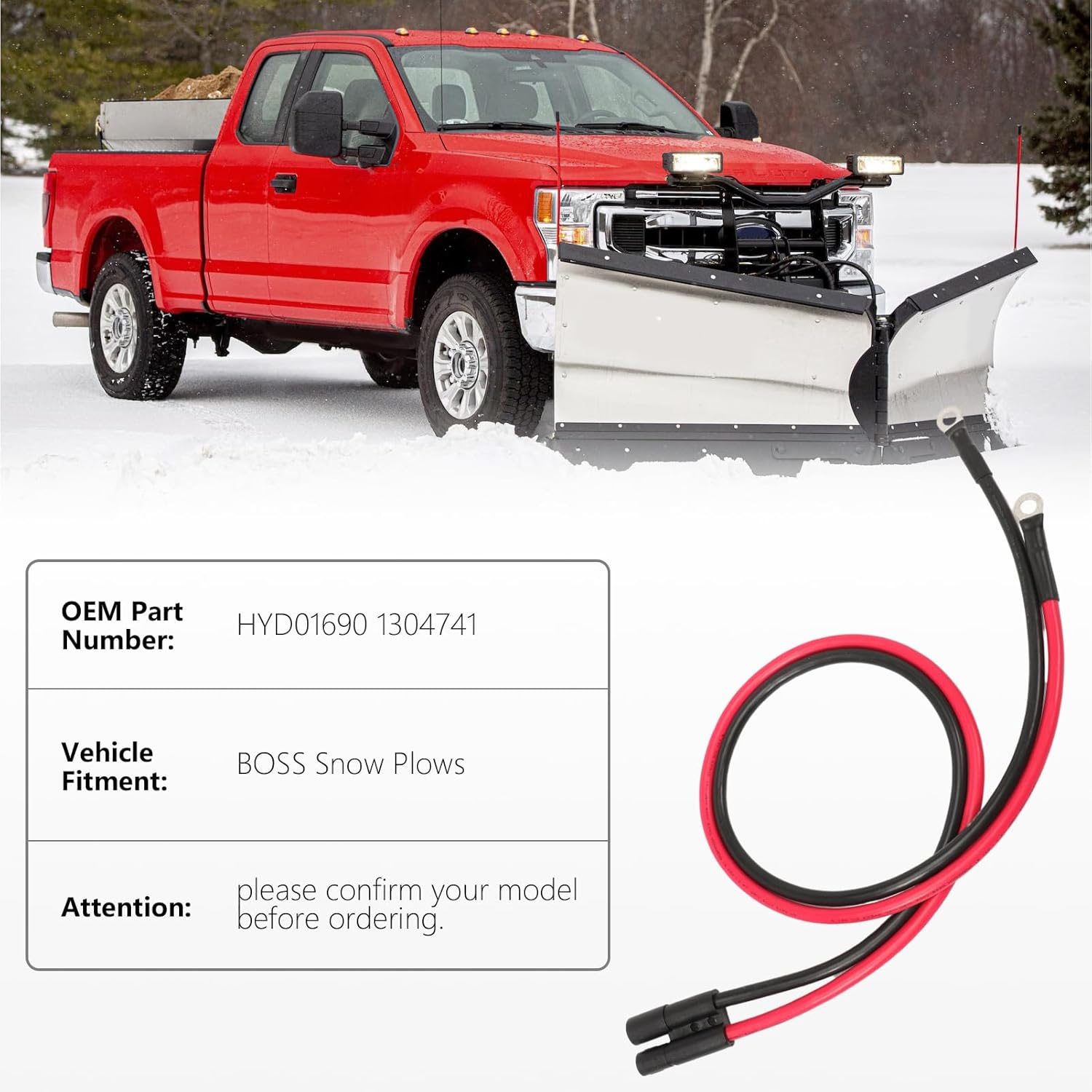 Plow Side Power Ground Cable 36" 1304741 HYD01690 Power/Ground Cable Plow Side HYD01690 Compatible with Plows Snow Plow Harness