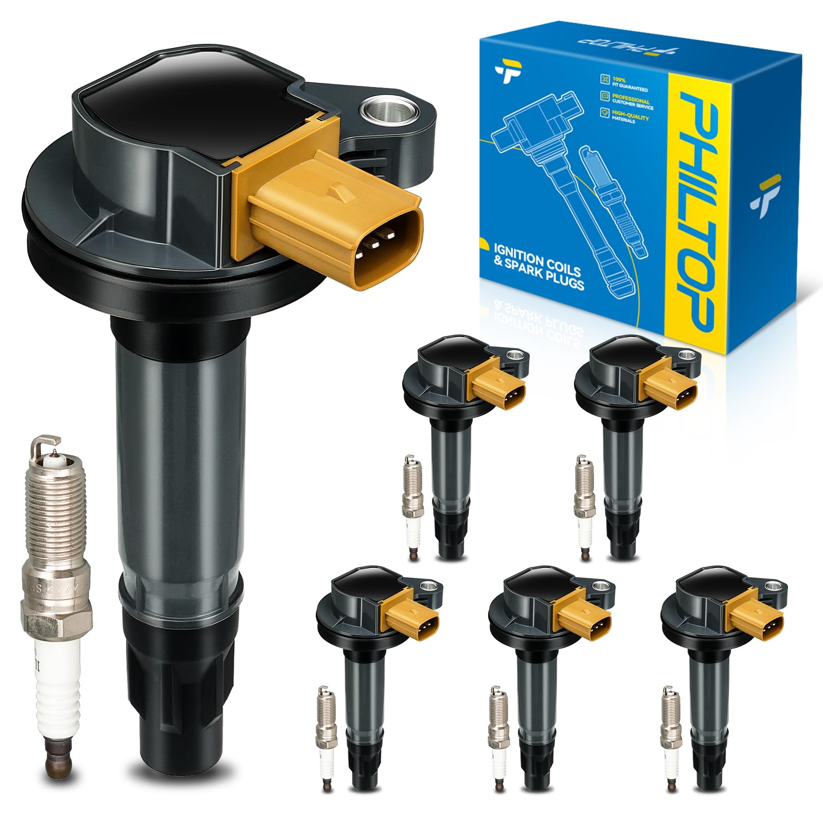 PHILTOP 6 Ignition Coil &amp; 6 Spark Plugs Set Fit for F-150 Explorer Taurus