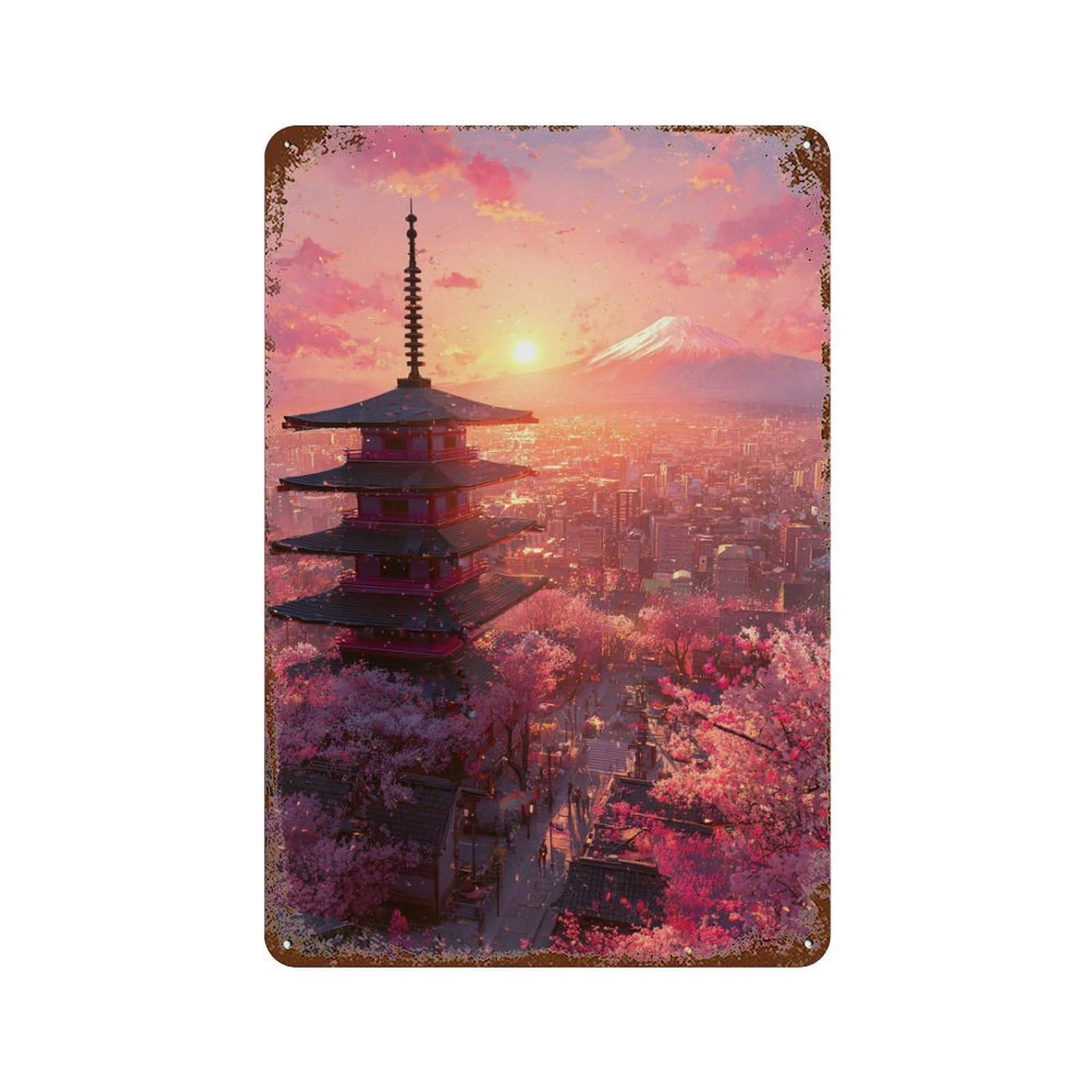 Cherry Blossom Festival in Tokyo Rust Effect Tin Sign 11.8"x7.9", Farmhouse Wall Decor for Living Room, Hallway And Home Decor
